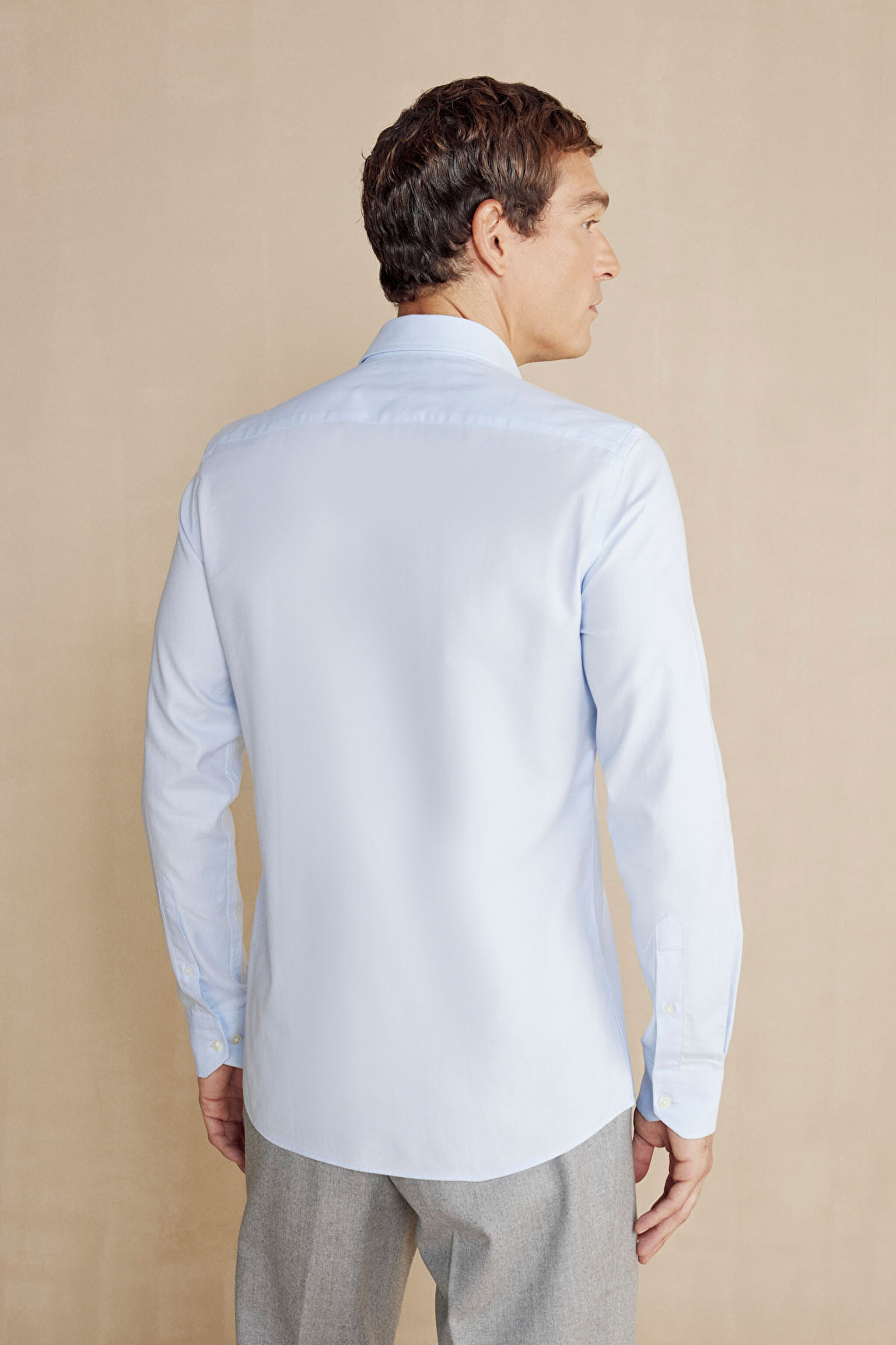 %100 Pamuk Düğmeli Yaka Slim Fit Gömlek - Açık Mavi (görsel 5)