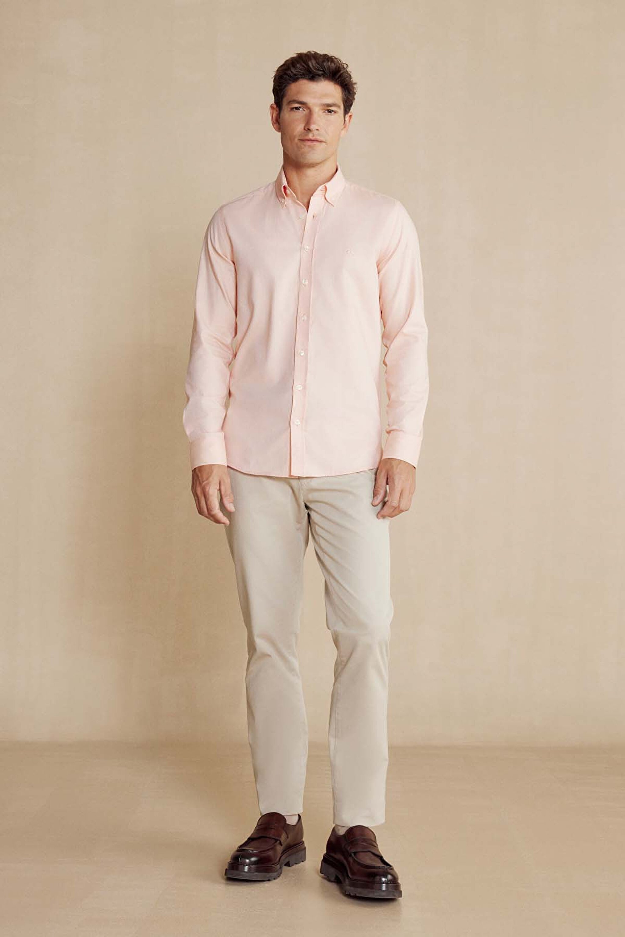 %100 Pamuk Düğmeli Yaka Slim Fit Gömlek - Turuncu (görsel 3)