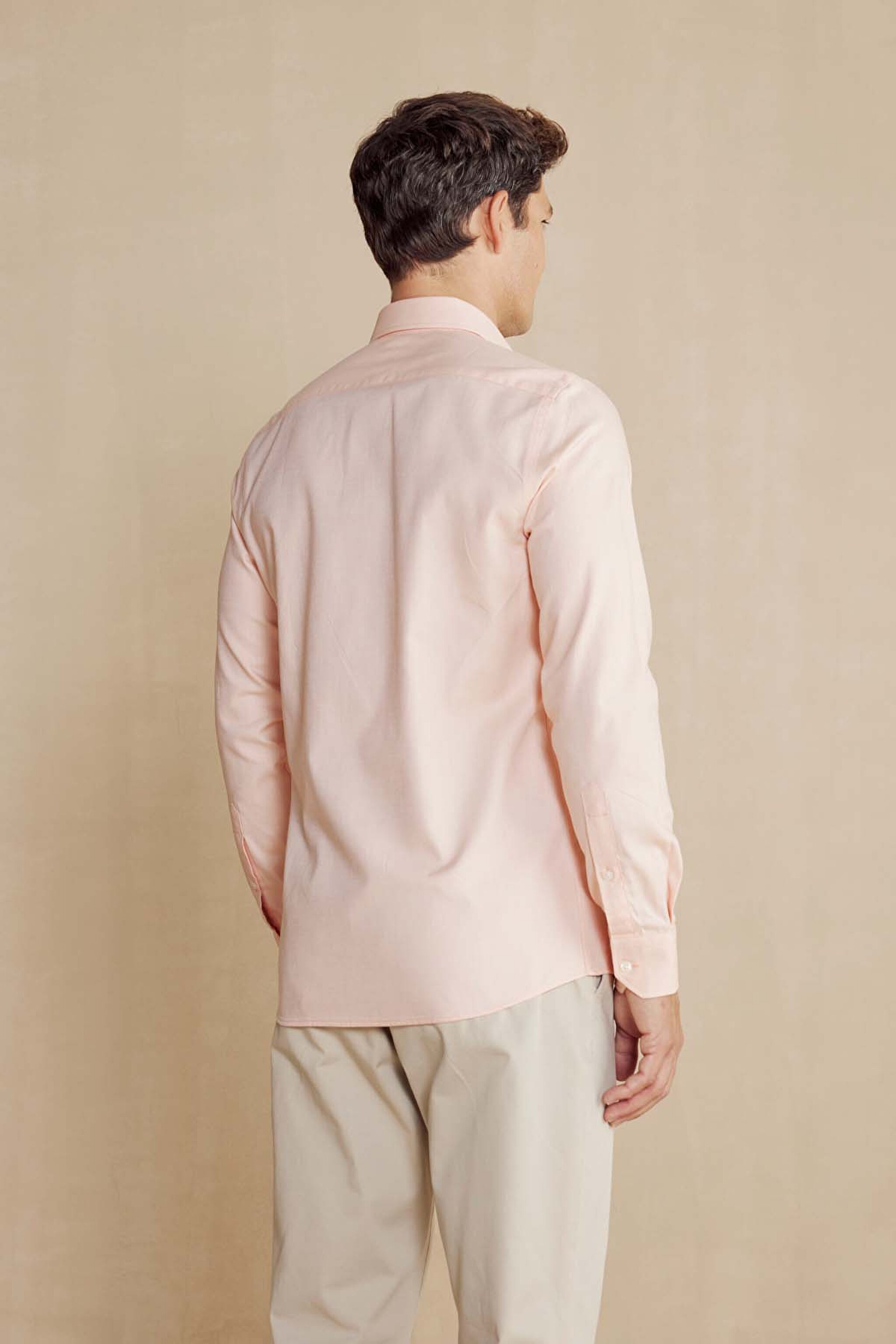 %100 Pamuk Düğmeli Yaka Slim Fit Gömlek - Turuncu (görsel 5)