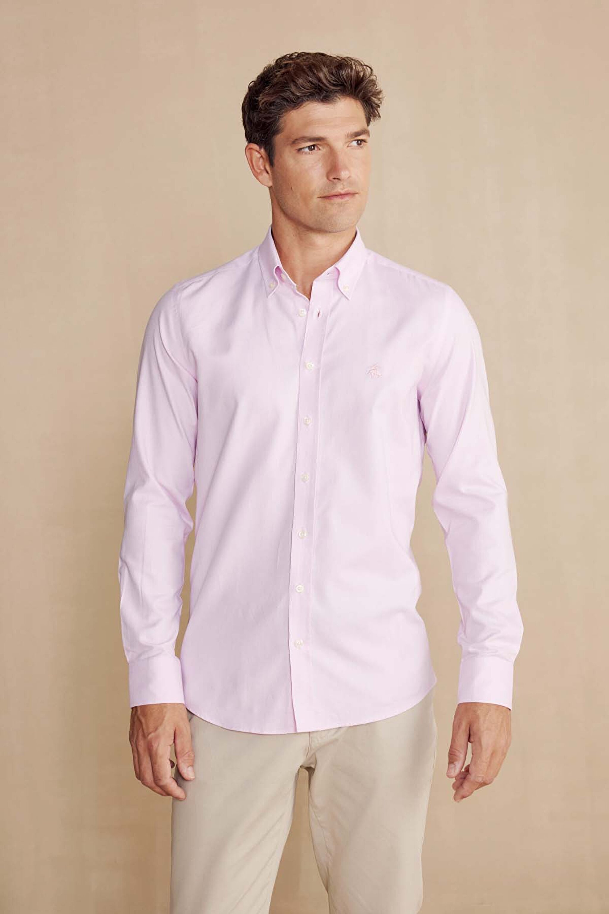 %100 Pamuk Düğmeli Yaka Slim Fit Gömlek - Pembe (görsel 2)