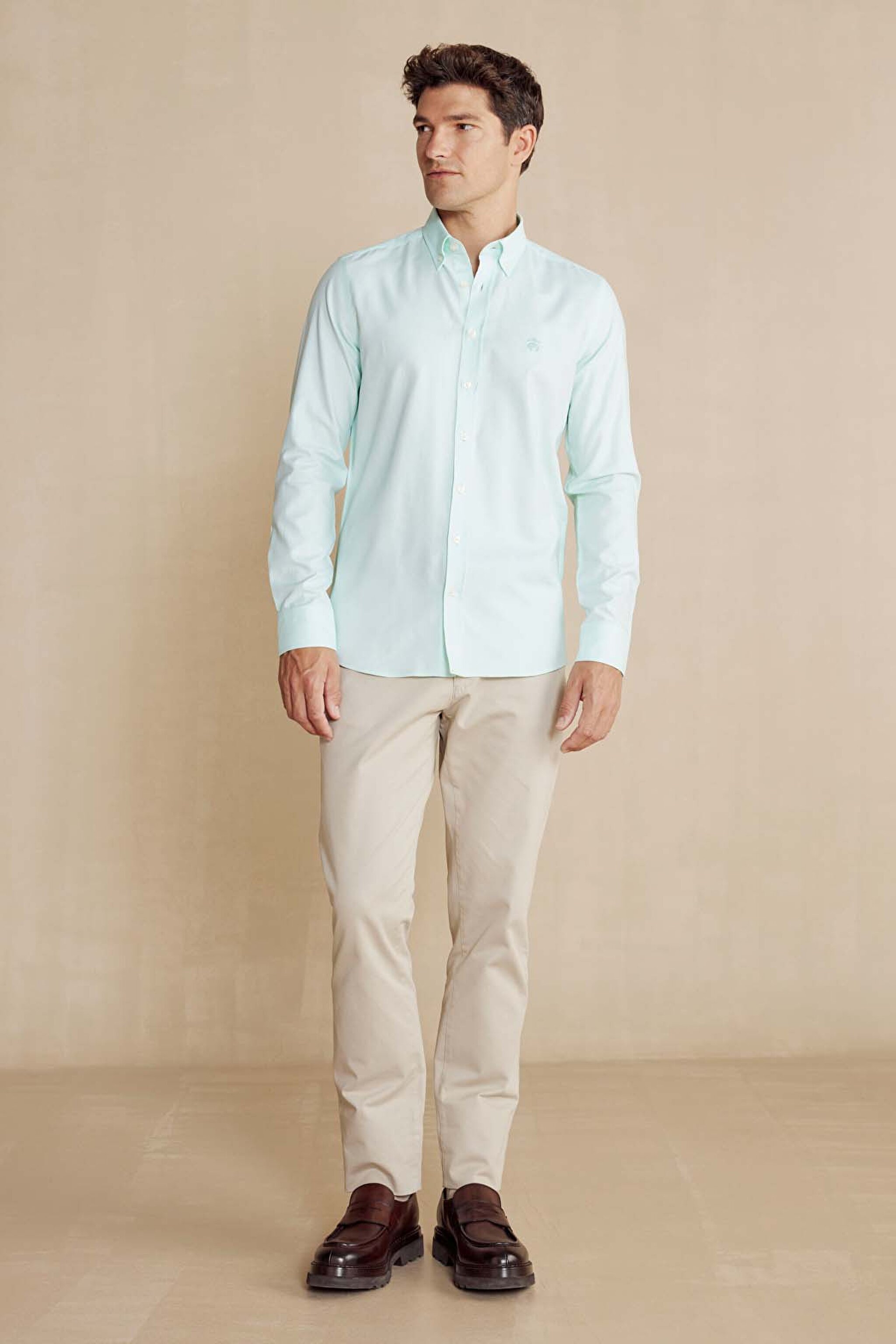 %100 Pamuk Düğmeli Yaka Slim Fit Gömlek - Mint (görsel 3)