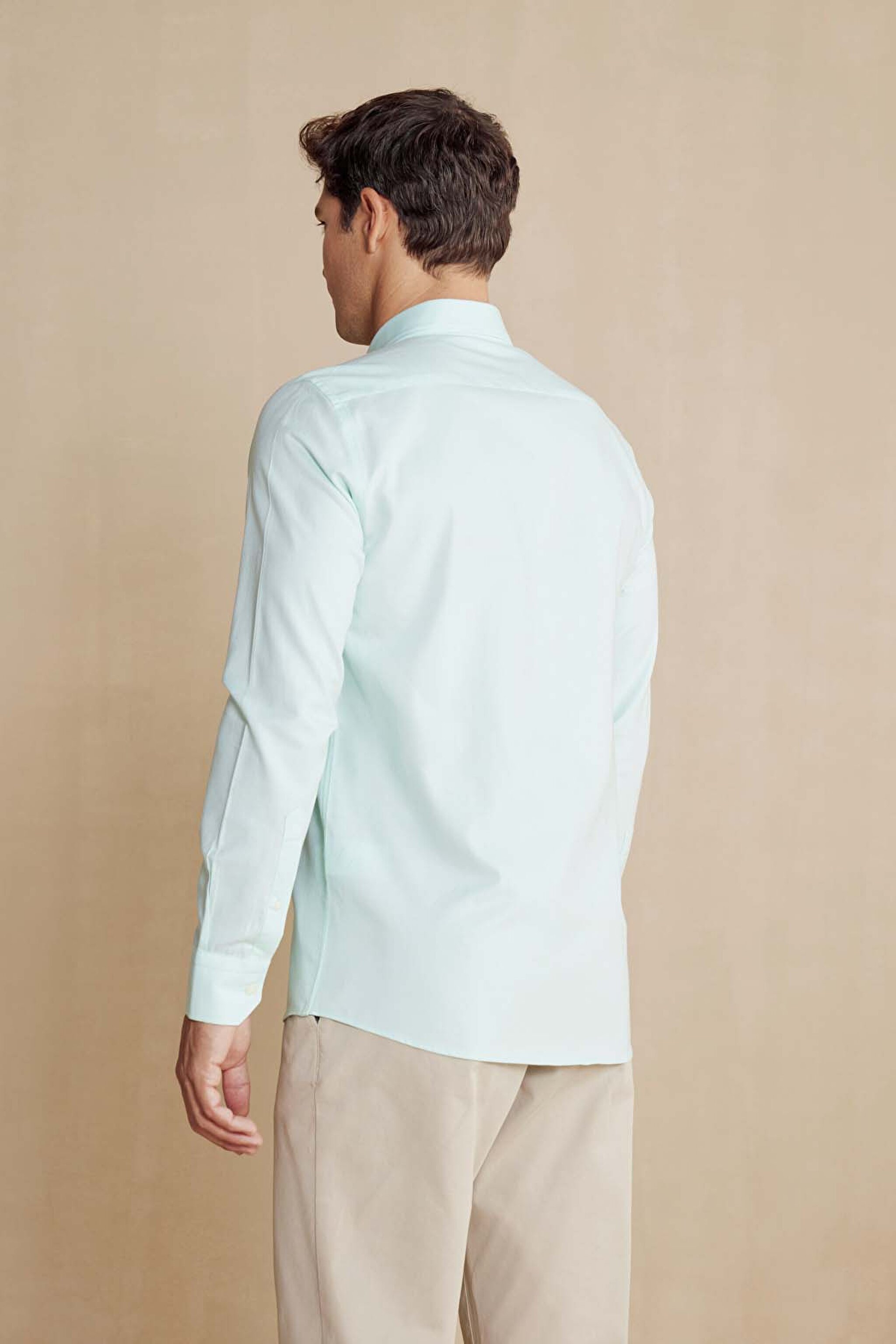 %100 Pamuk Düğmeli Yaka Slim Fit Gömlek - Mint (görsel 5)