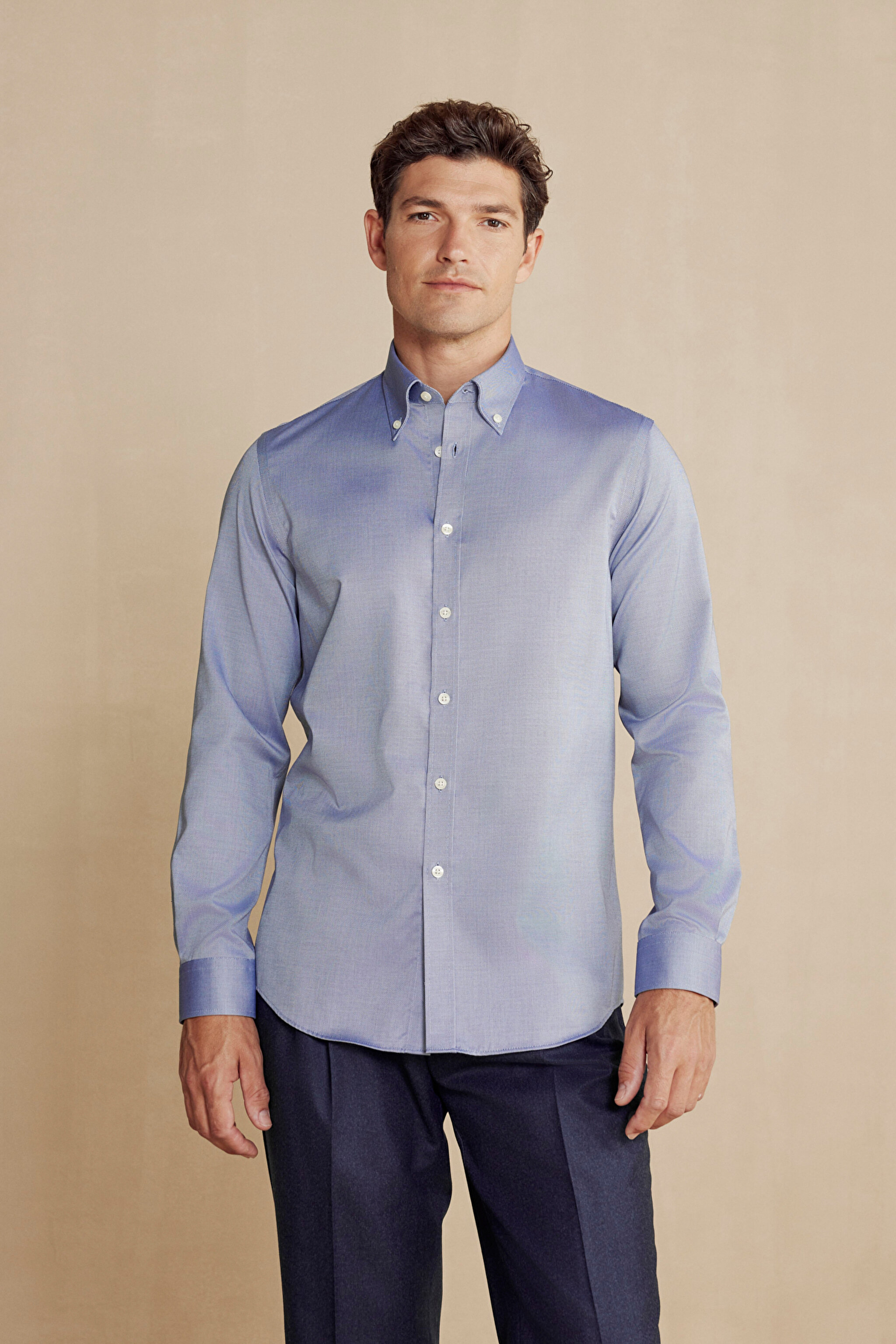 %100 Pamuk Düğmeli Yaka Slim Fit Gömlek - Lacivert (görsel 2)