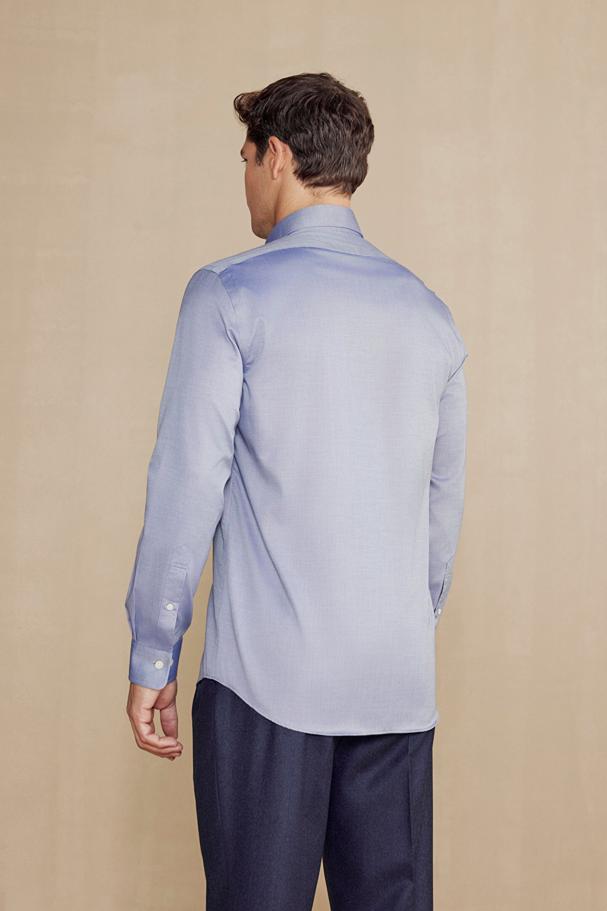 %100 Pamuk Düğmeli Yaka Slim Fit Gömlek - Lacivert (görsel 4)