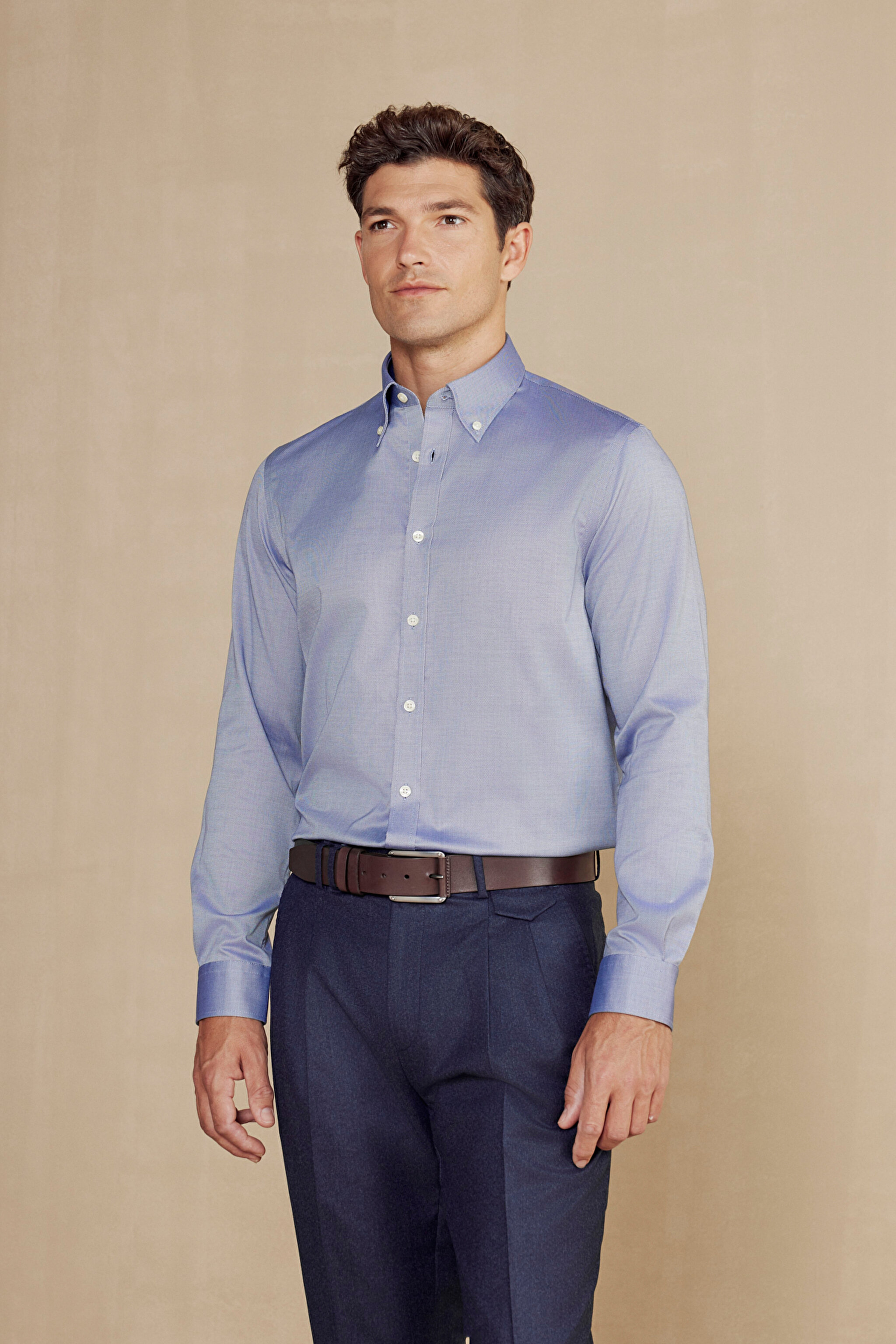 %100 Pamuk Düğmeli Yaka Slim Fit Gömlek - Lacivert (görsel 5)