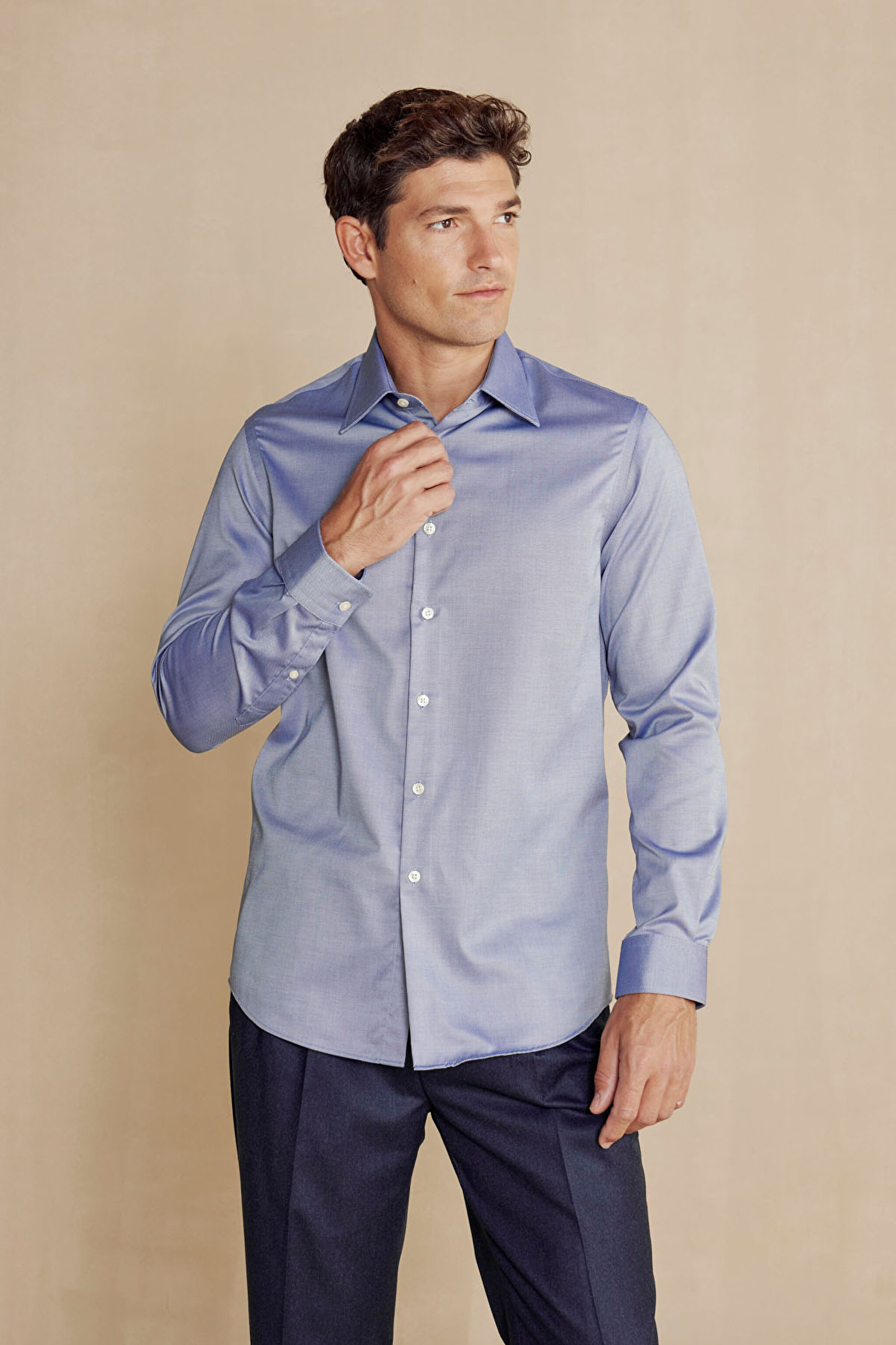 %100 Pamuk Klasik Yaka Slim Fit Gömlek - Lacivert (görsel 2)