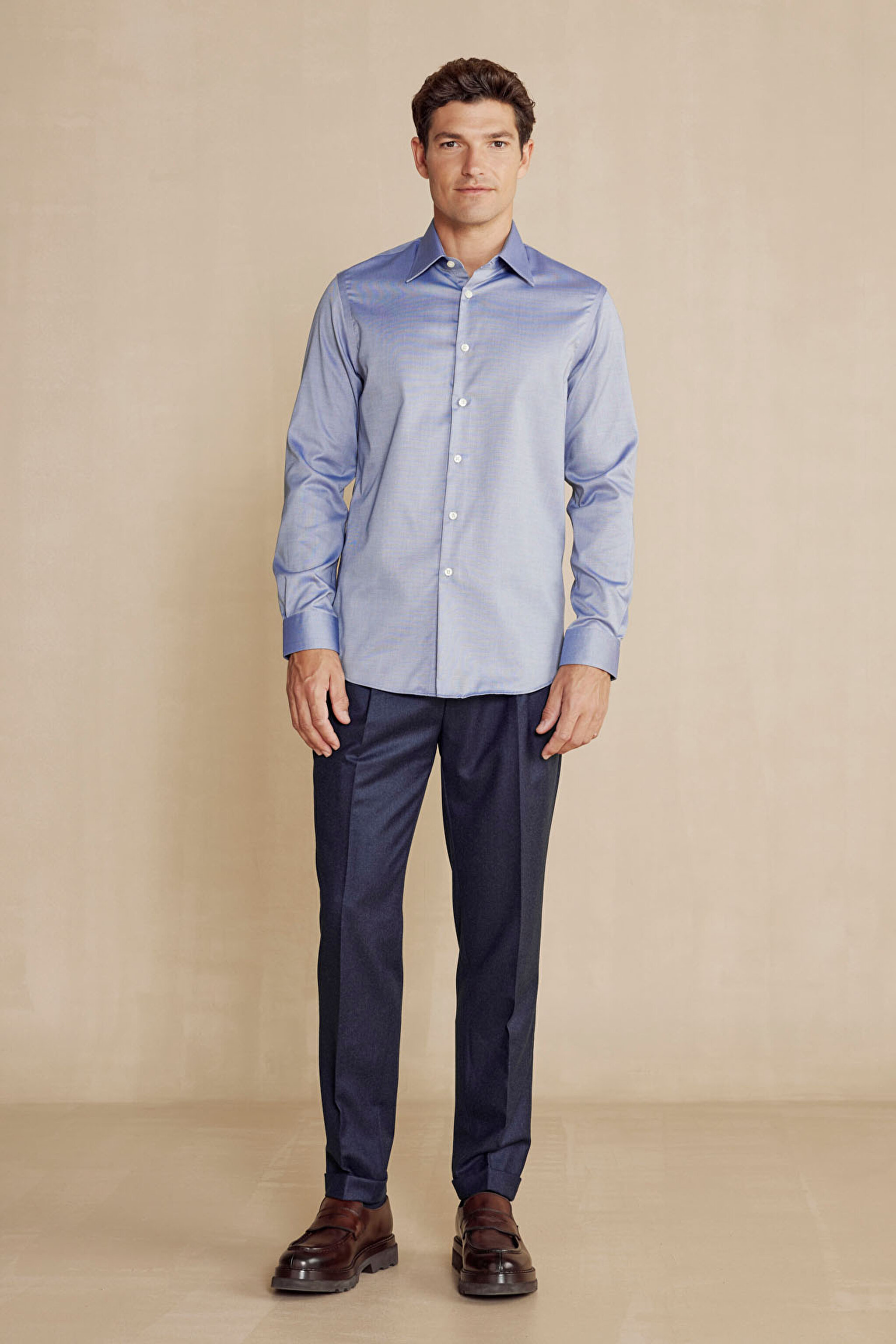 %100 Pamuk Klasik Yaka Slim Fit Gömlek - Lacivert (görsel 3)