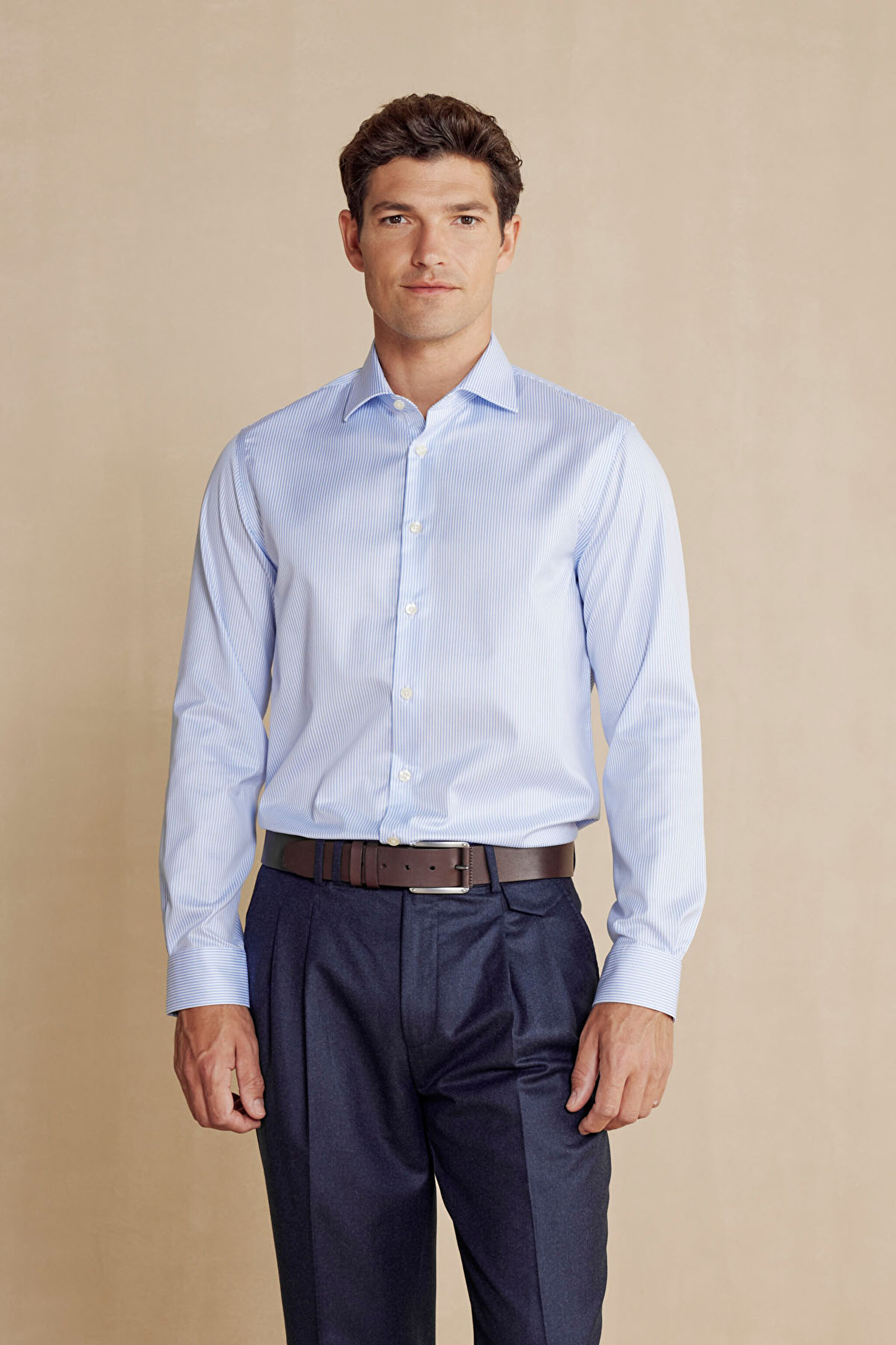 %100 Pamuk İtalyan Yaka Slim Fit Gömlek - Mavi-Beyaz Çizgili