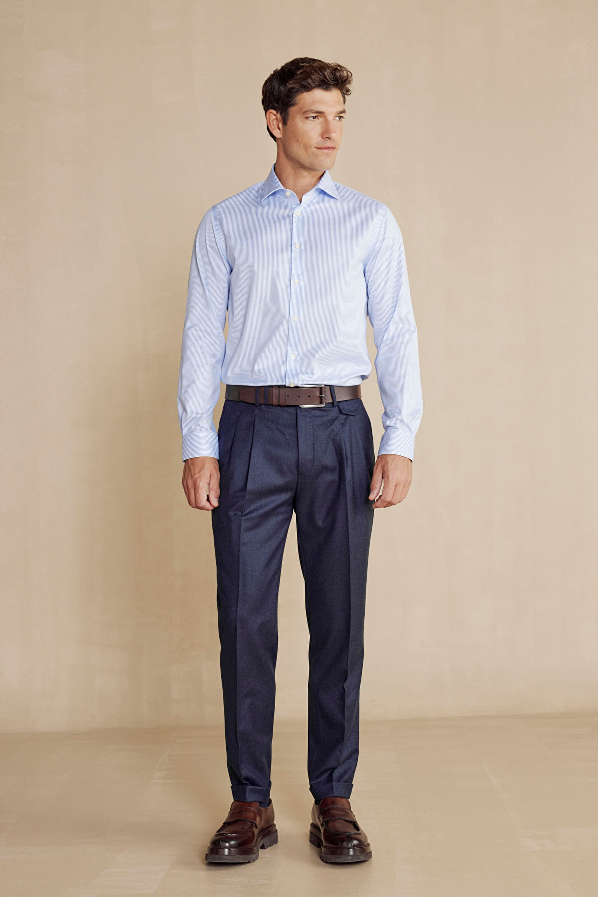 %100 Pamuk İtalyan Yaka Slim Fit Gömlek - Mavi-Beyaz Çizgili (görsel 3)