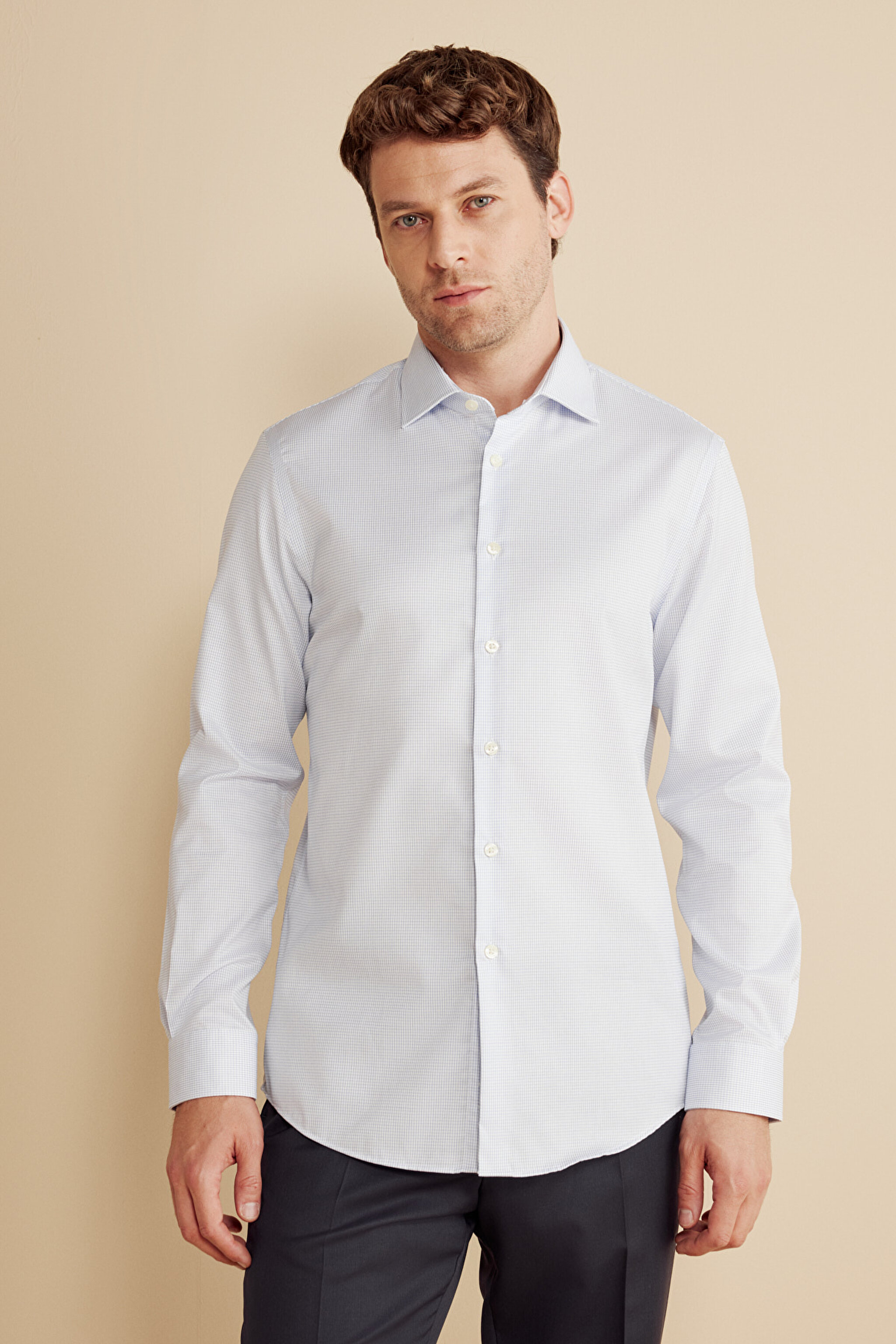 %100 Pamuk İtalyan Yaka Slim Fit Gömlek - Mavi Kareli