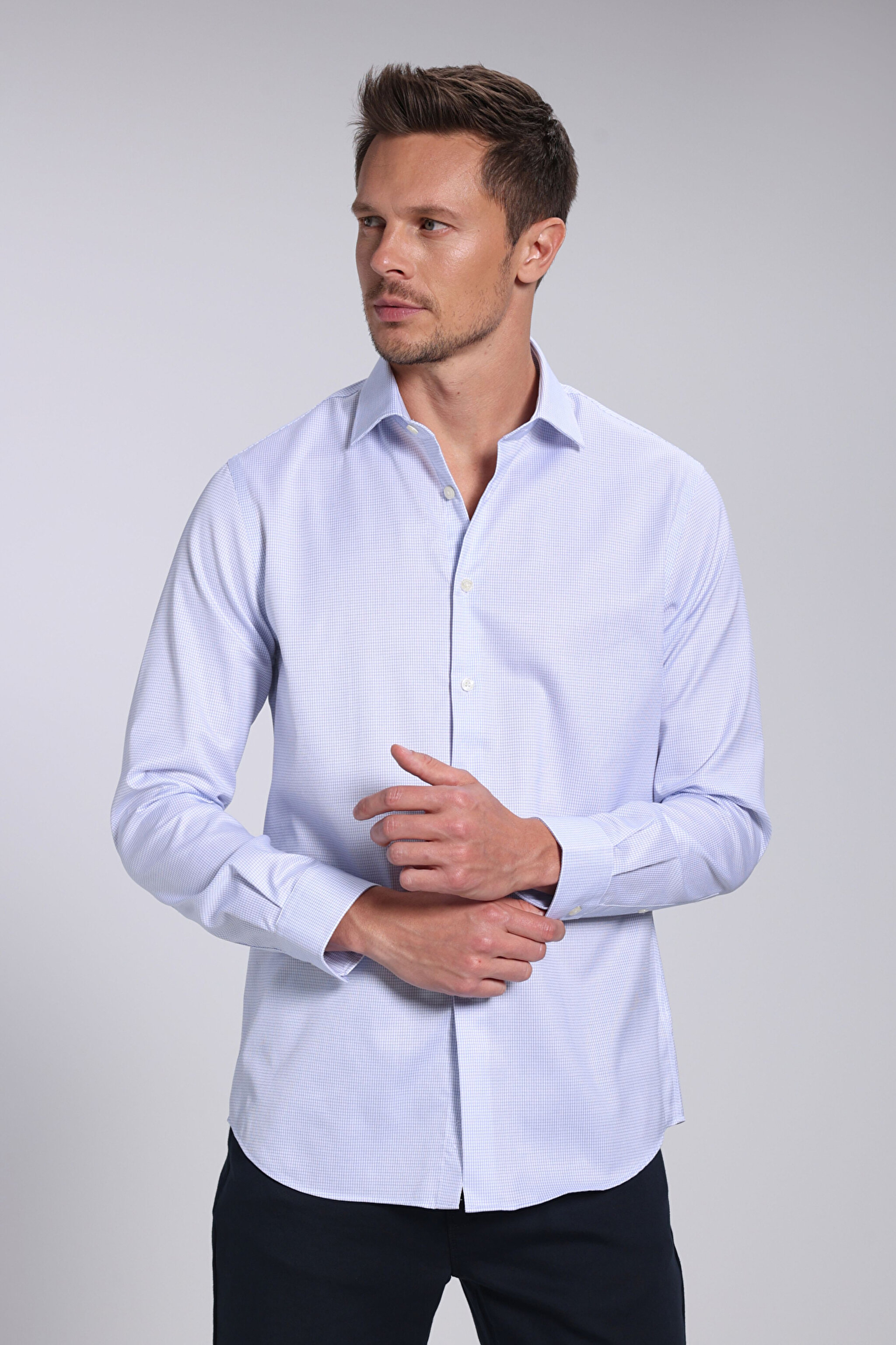%100 Pamuk İtalyan Yaka Slim Fit Gömlek - Mavi Kareli (görsel 8)