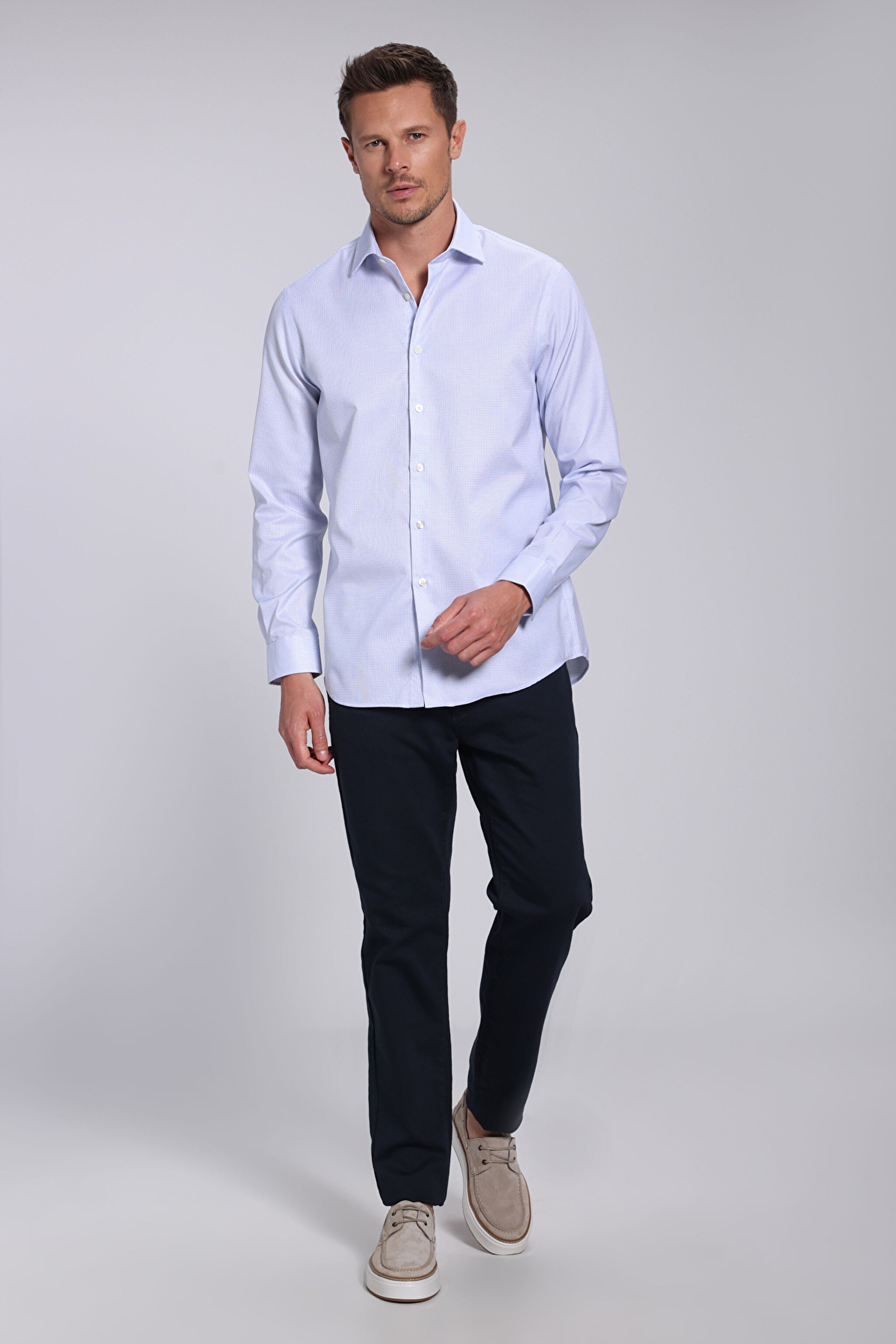 %100 Pamuk İtalyan Yaka Slim Fit Gömlek - Mavi Kareli (görsel 10)