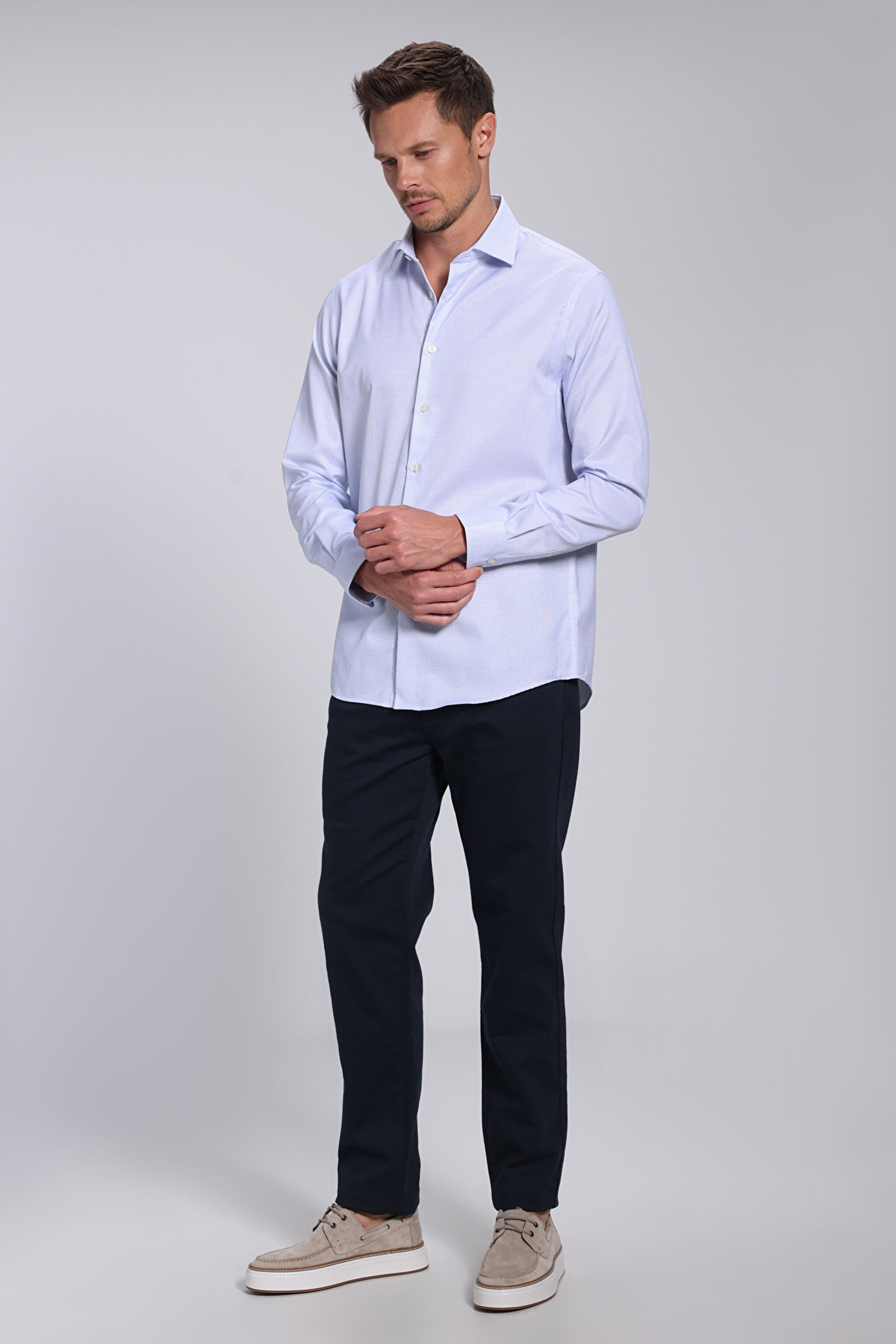 %100 Pamuk İtalyan Yaka Slim Fit Gömlek - Mavi Kareli (görsel 11)