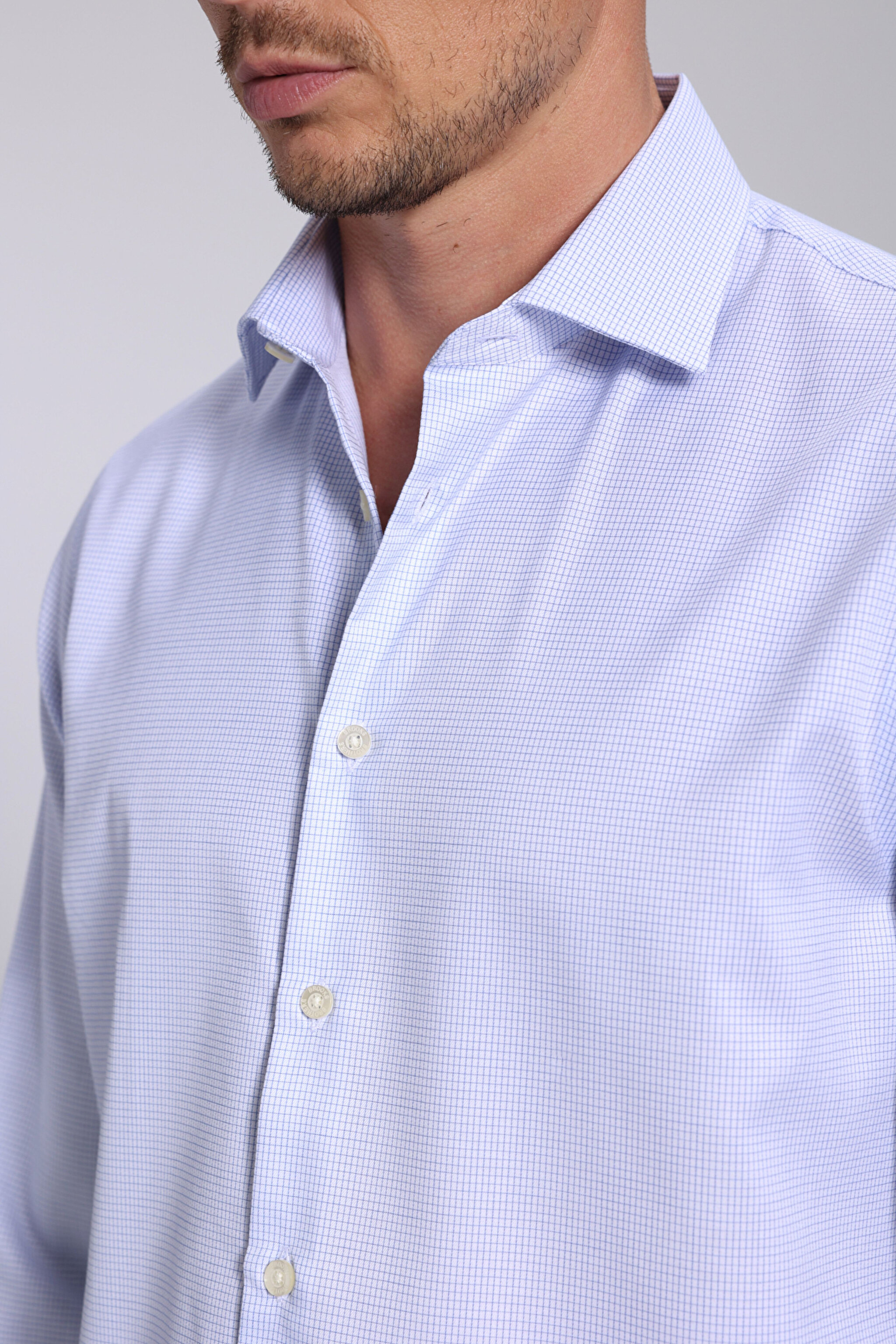 %100 Pamuk İtalyan Yaka Slim Fit Gömlek - Mavi Kareli (görsel 12)