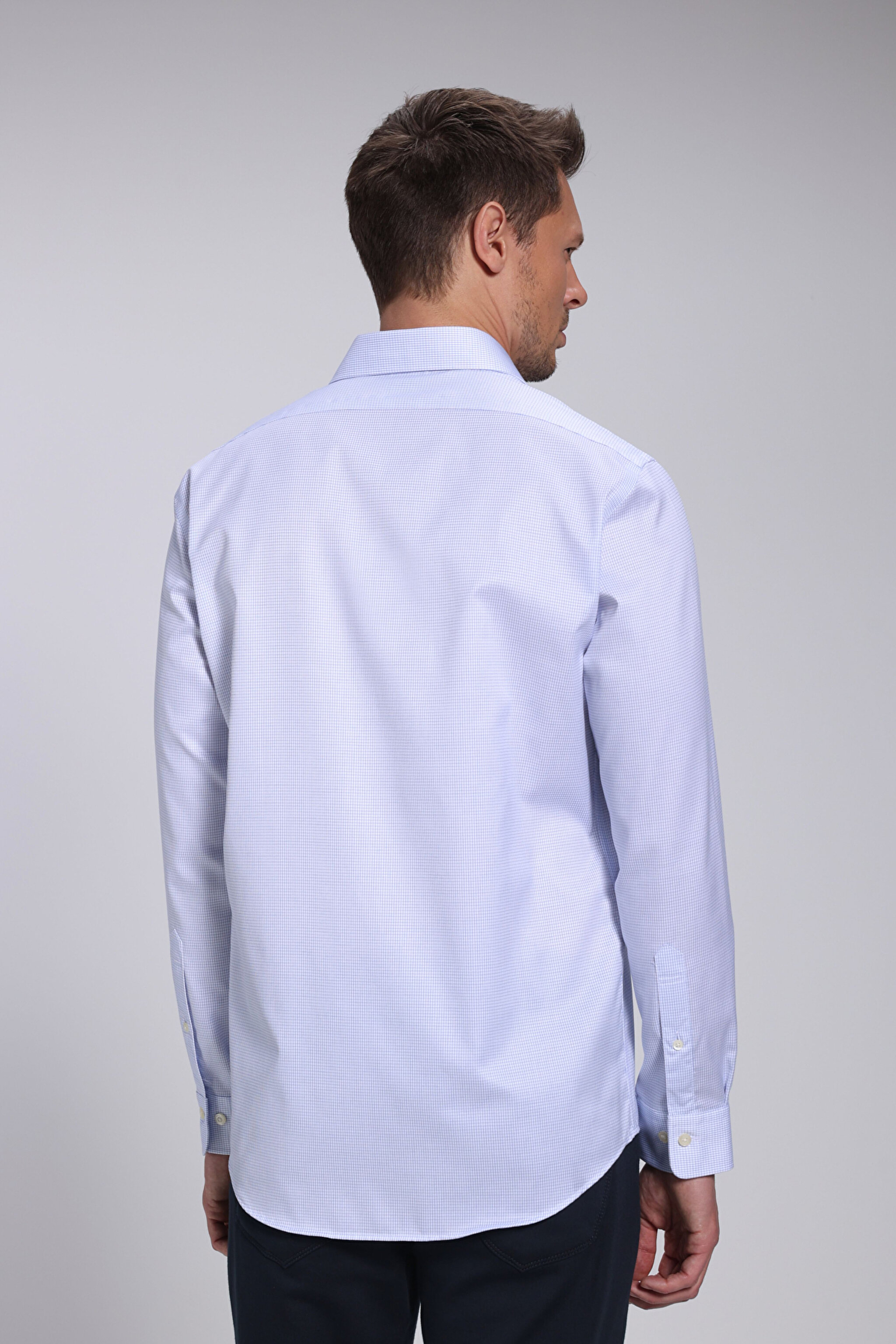 %100 Pamuk İtalyan Yaka Slim Fit Gömlek - Mavi Kareli (görsel 13)