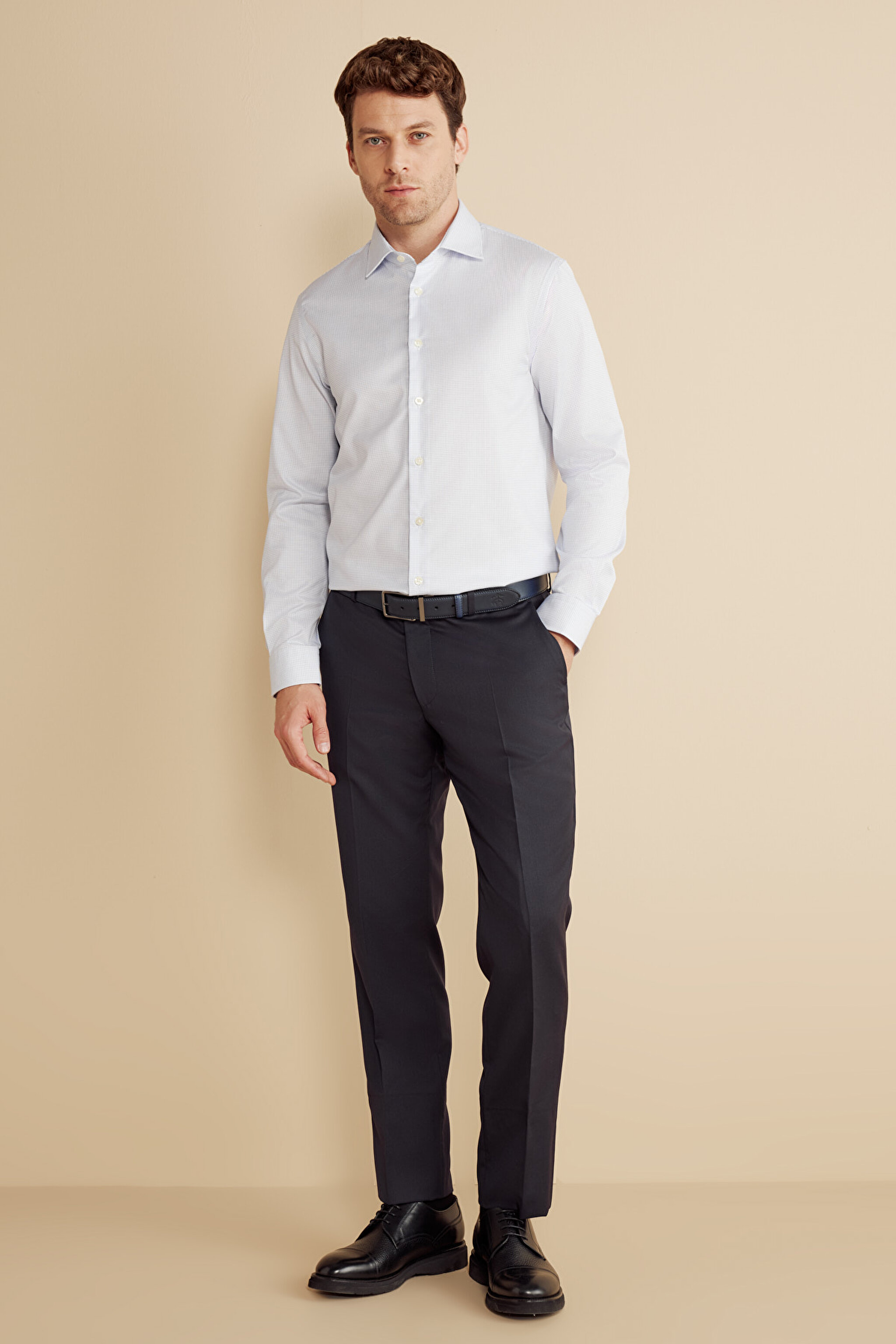%100 Pamuk İtalyan Yaka Slim Fit Gömlek - Mavi Kareli (görsel 4)