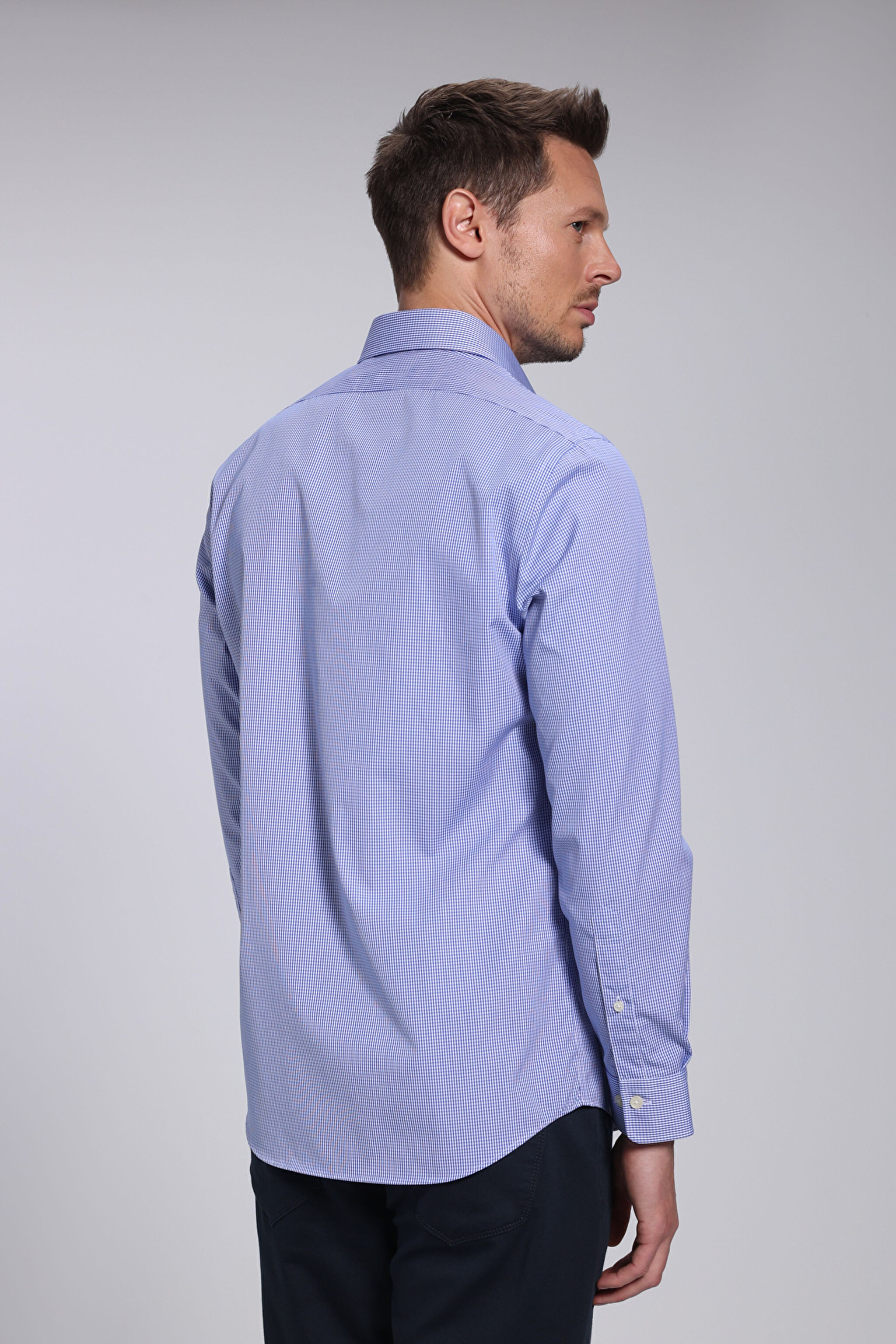 %100 Pamuk Slim Fit Klasik Yaka Gömlek - Lacivert-Beyaz Kareli (görsel 6)
