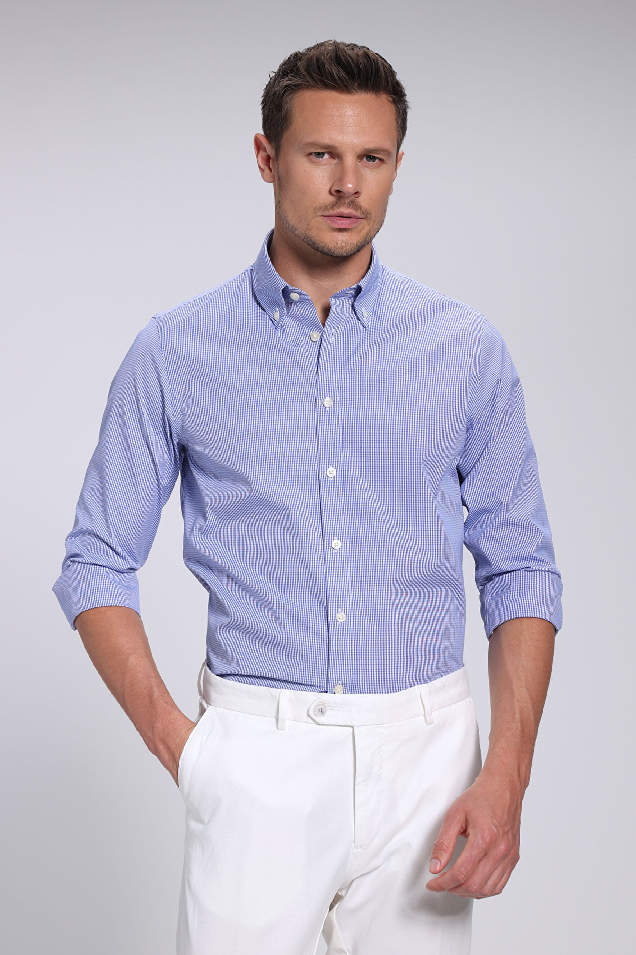 %100 Pamuk Düğmeli Yaka Slim Fit Gömlek - Mavi-Beyaz Kareli (görsel 2)