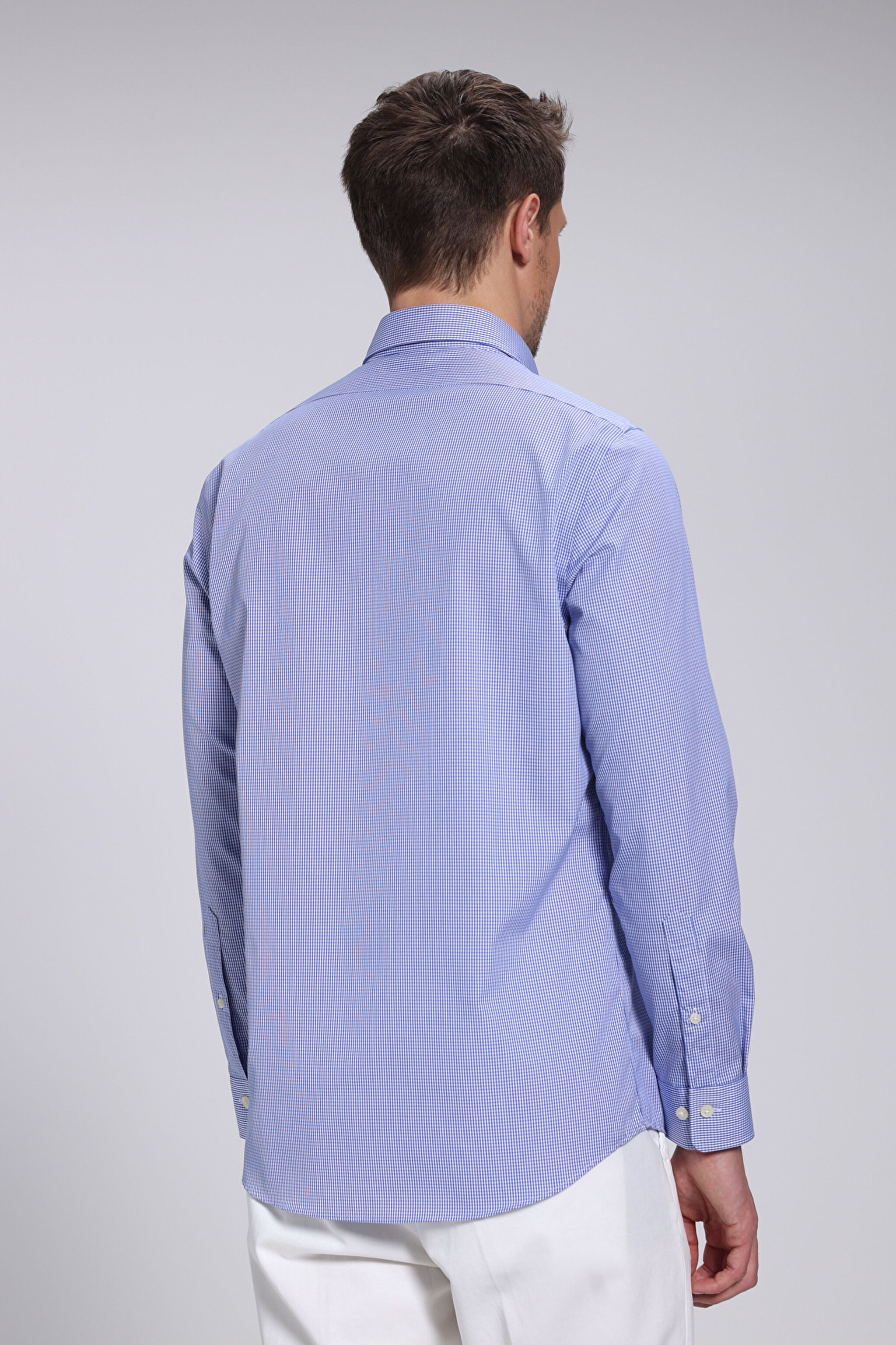 %100 Pamuk Düğmeli Yaka Slim Fit Gömlek - Mavi-Beyaz Kareli (görsel 6)