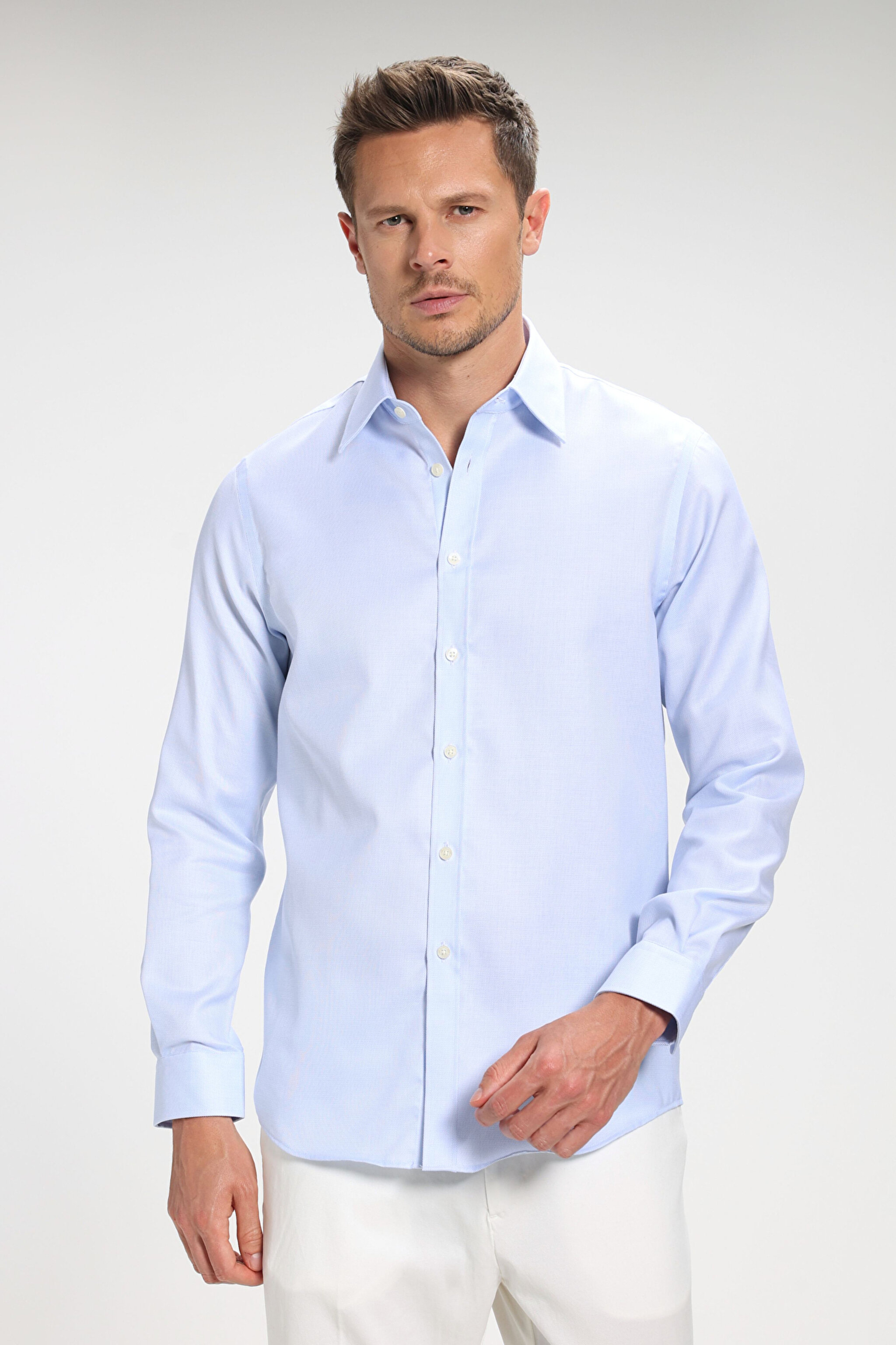 %100 Pamuk Klasik Yaka Slim Fit Gömlek - Açık Mavi