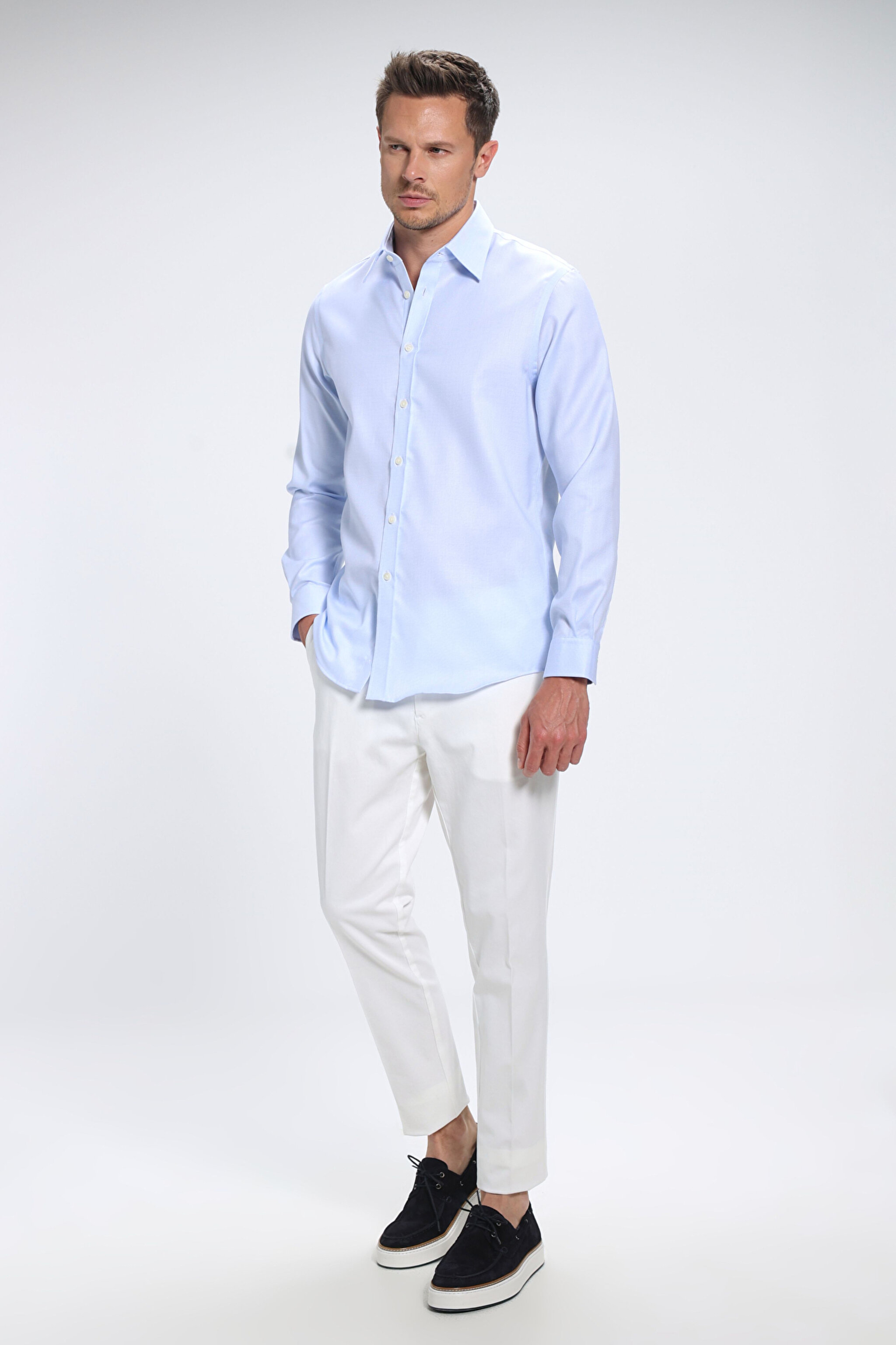 %100 Pamuk Klasik Yaka Slim Fit Gömlek - Açık Mavi (görsel 3)