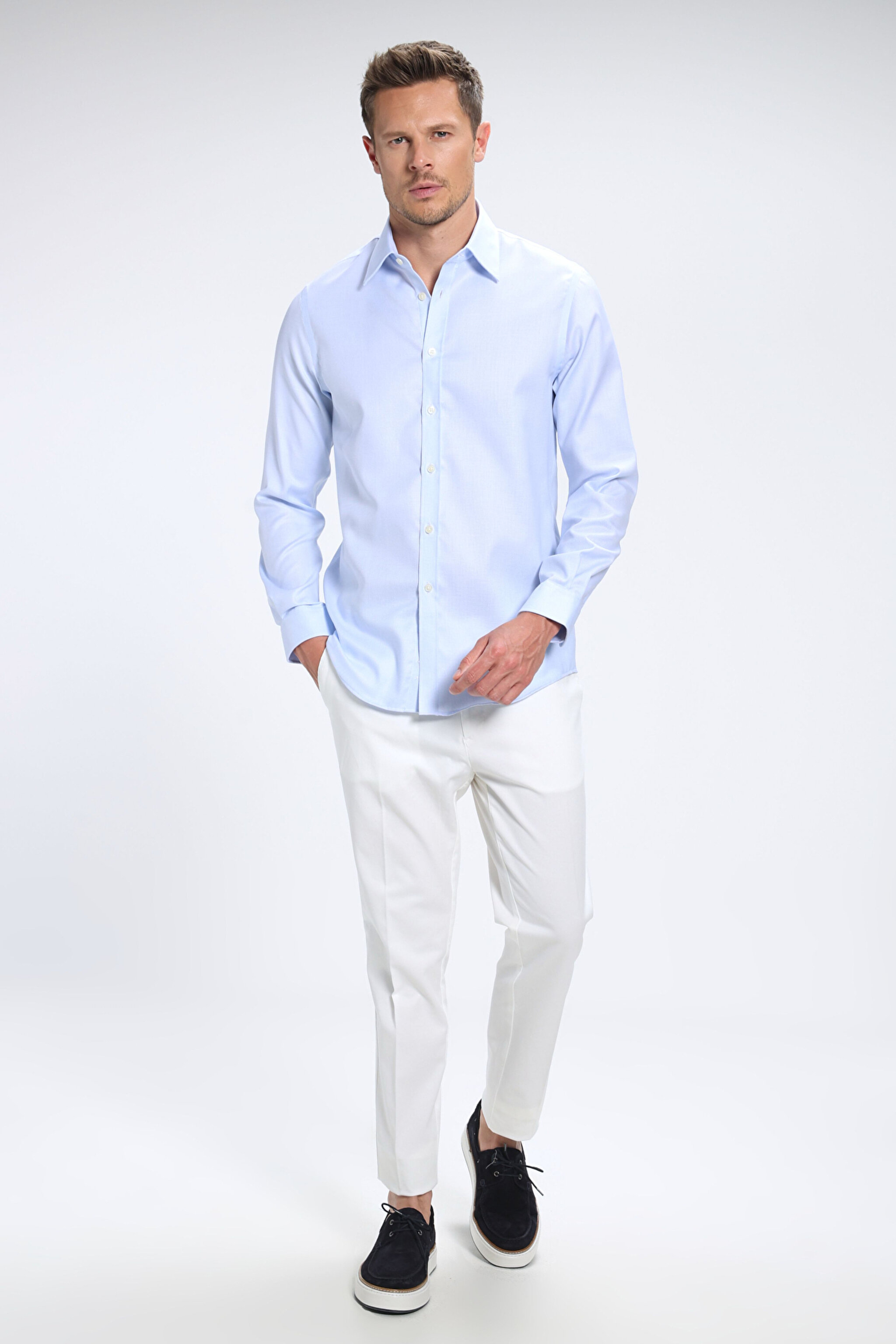 %100 Pamuk Klasik Yaka Slim Fit Gömlek - Açık Mavi (görsel 4)
