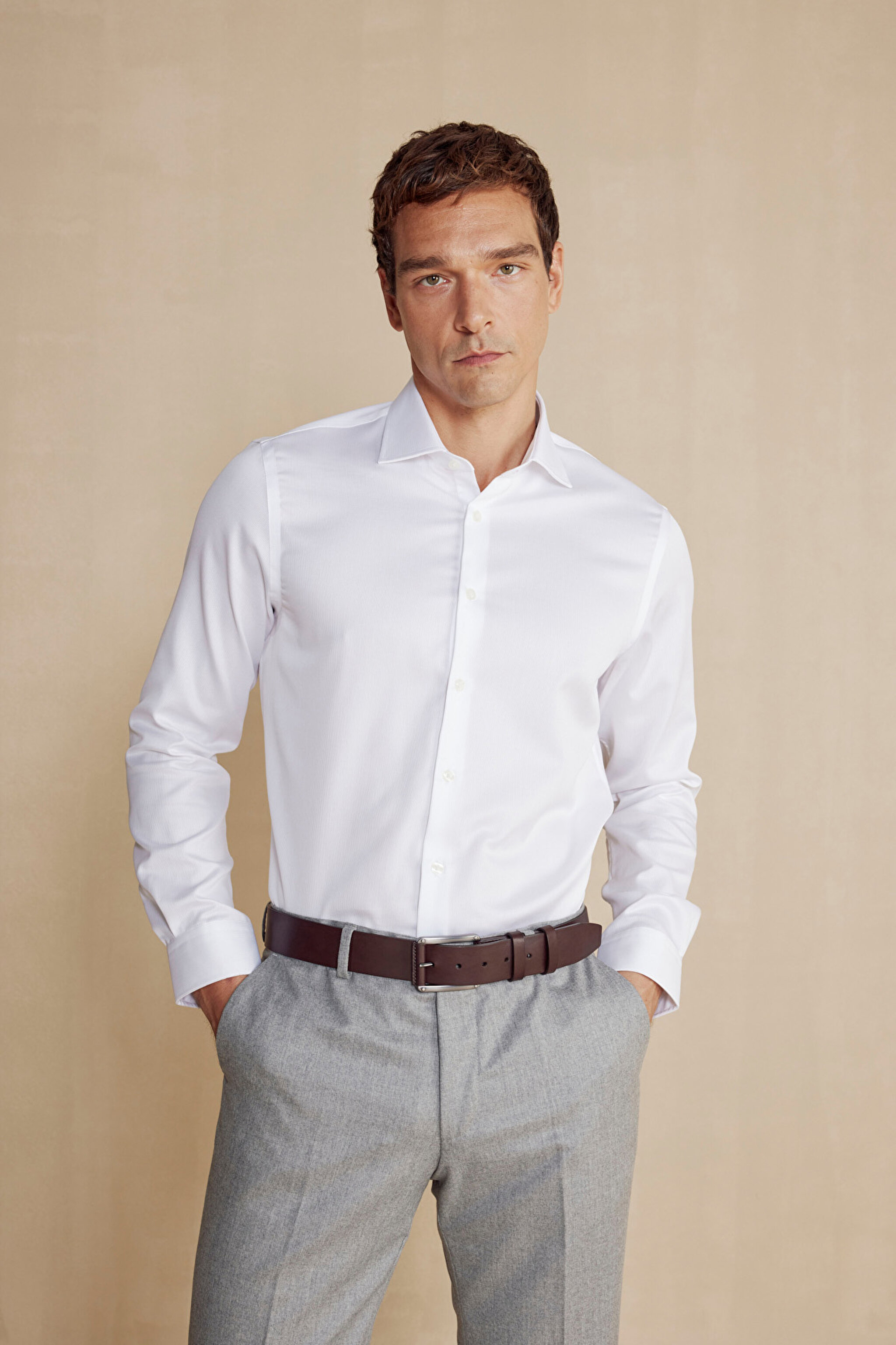 %100 Pamuk İtalyan Yaka Slim Fit Gömlek - Beyaz