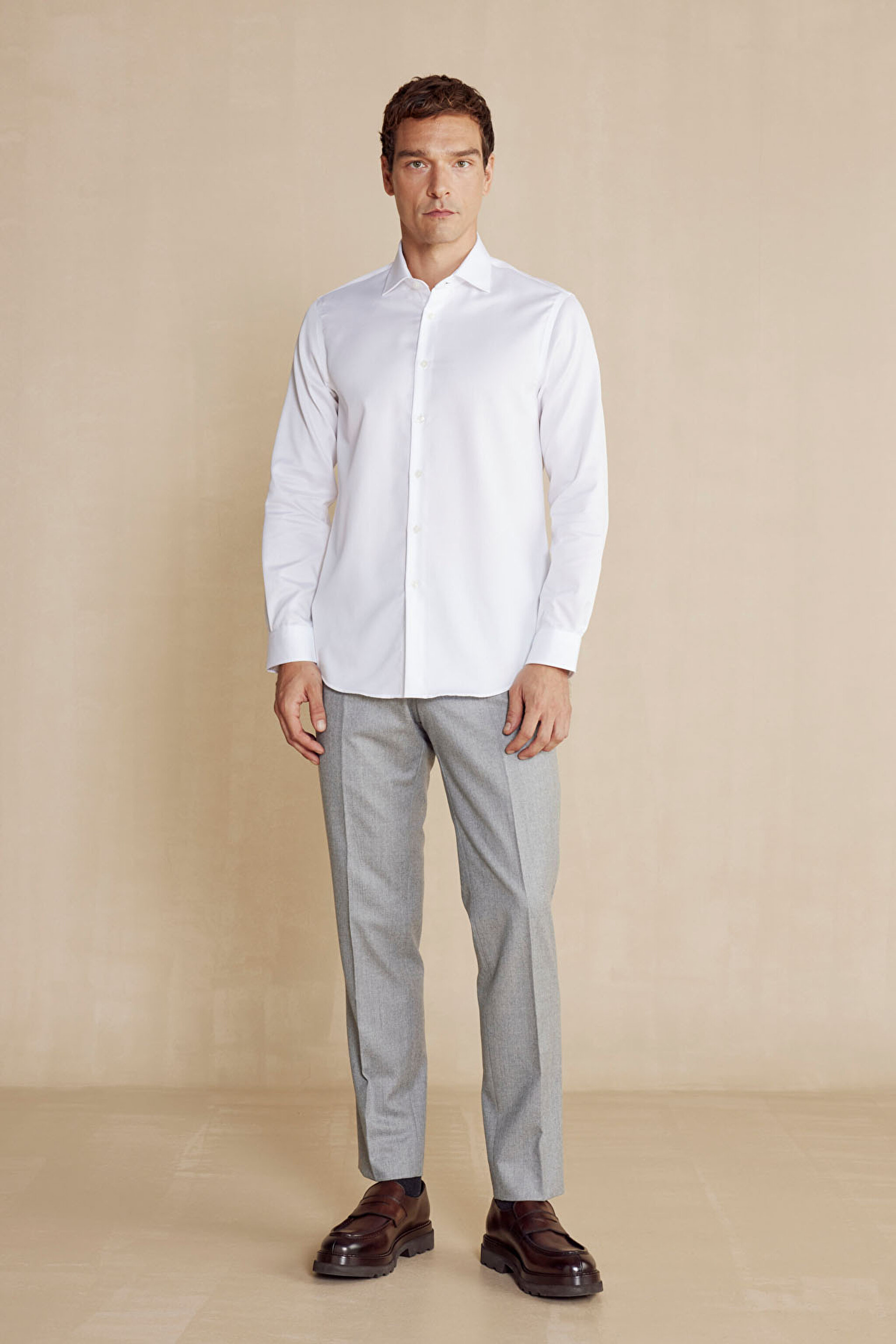 %100 Pamuk İtalyan Yaka Slim Fit Gömlek - Beyaz (görsel 3)