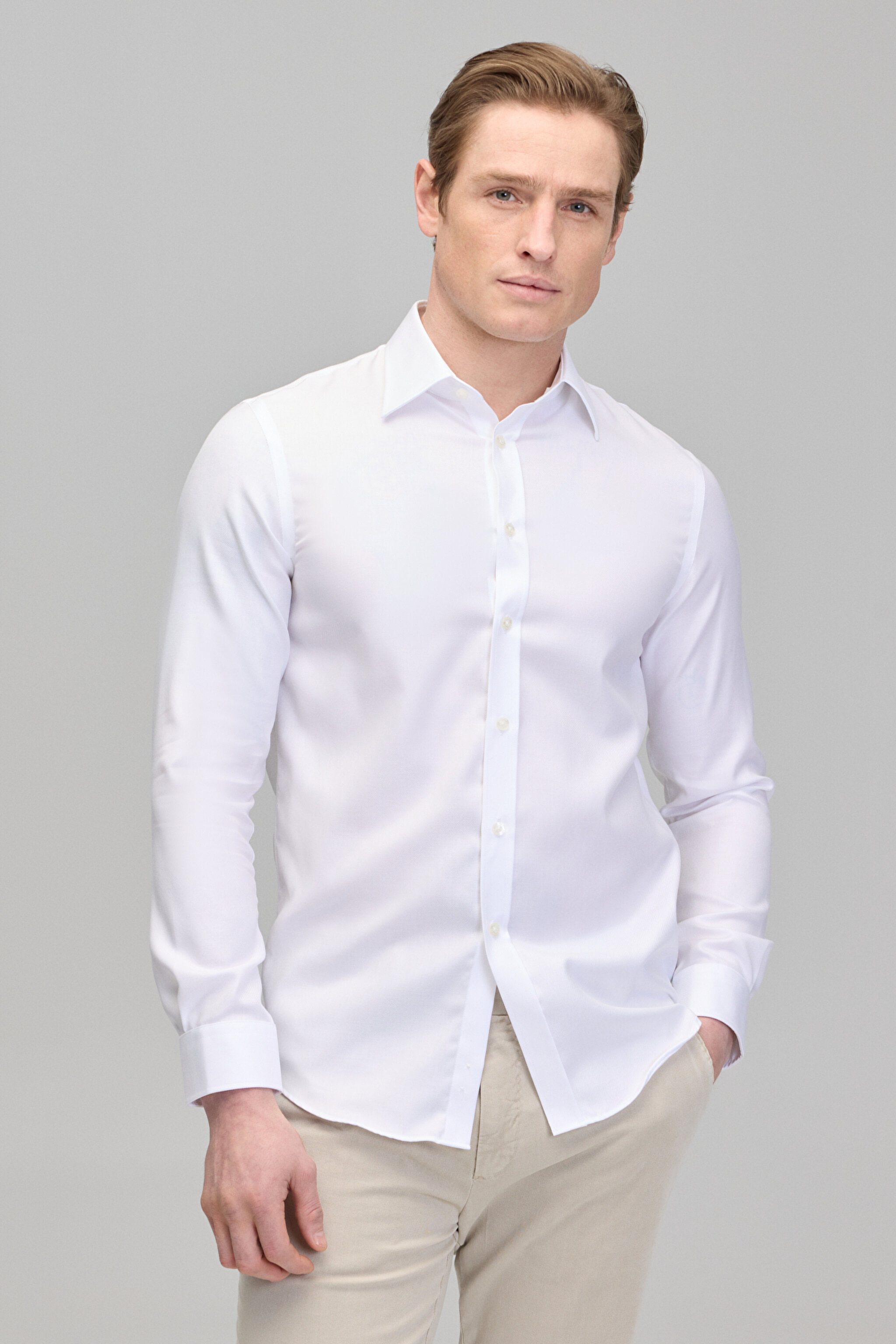 %100 Pamuk Slim Fit Klasik Yaka Basic Erkek Gömlek - Beyaz