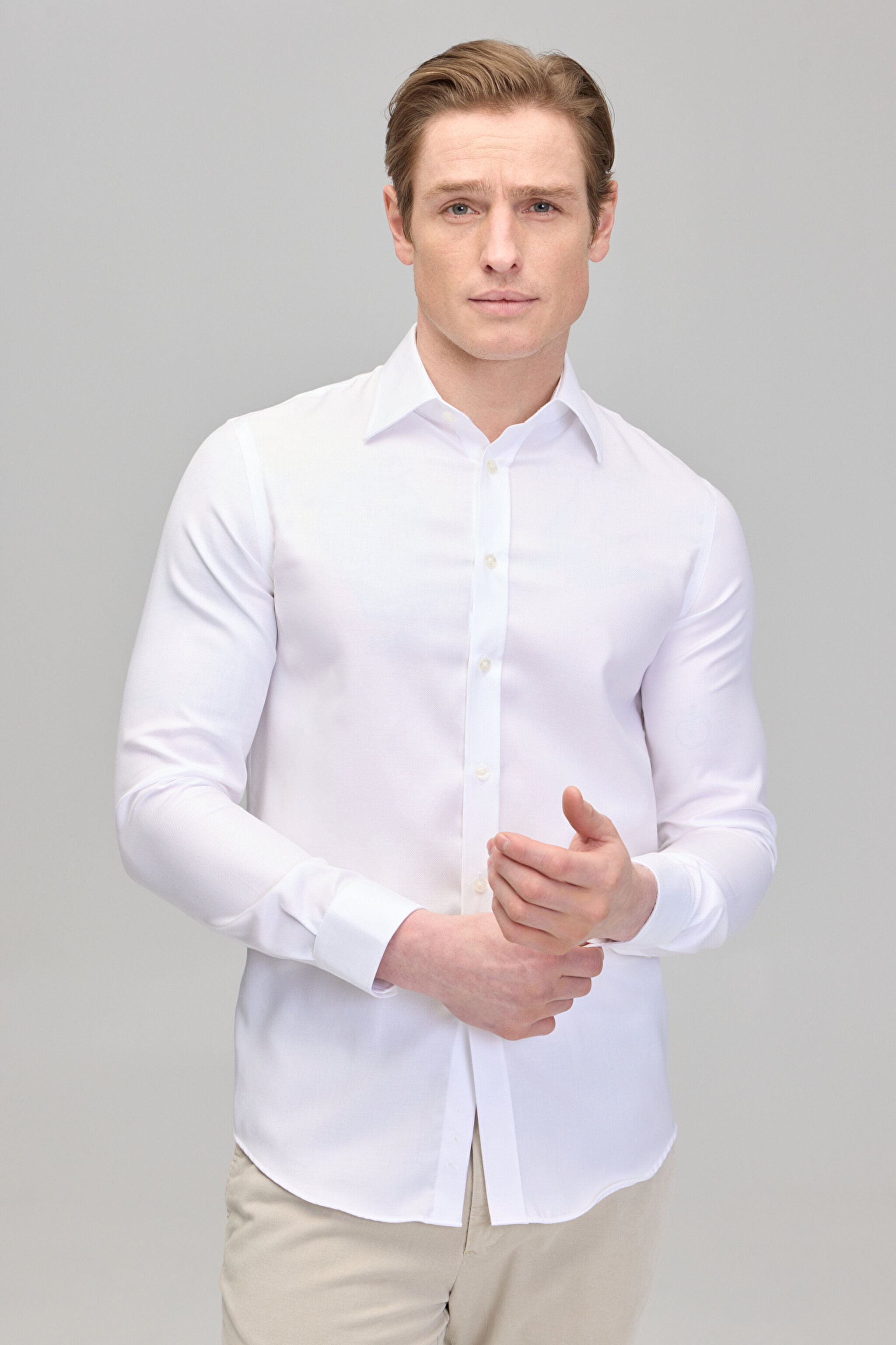 %100 Pamuk Slim Fit Klasik Yaka Basic Erkek Gömlek - Beyaz (görsel 2)