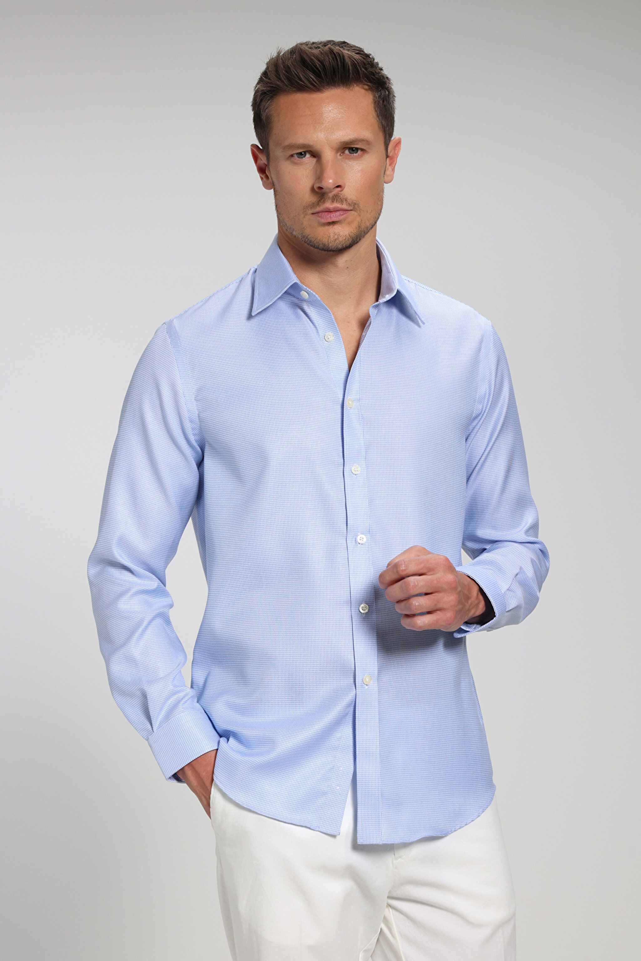 %100 Pamuk Klasik Yaka Slim Fit Gömlek - Mavi (görsel 7)