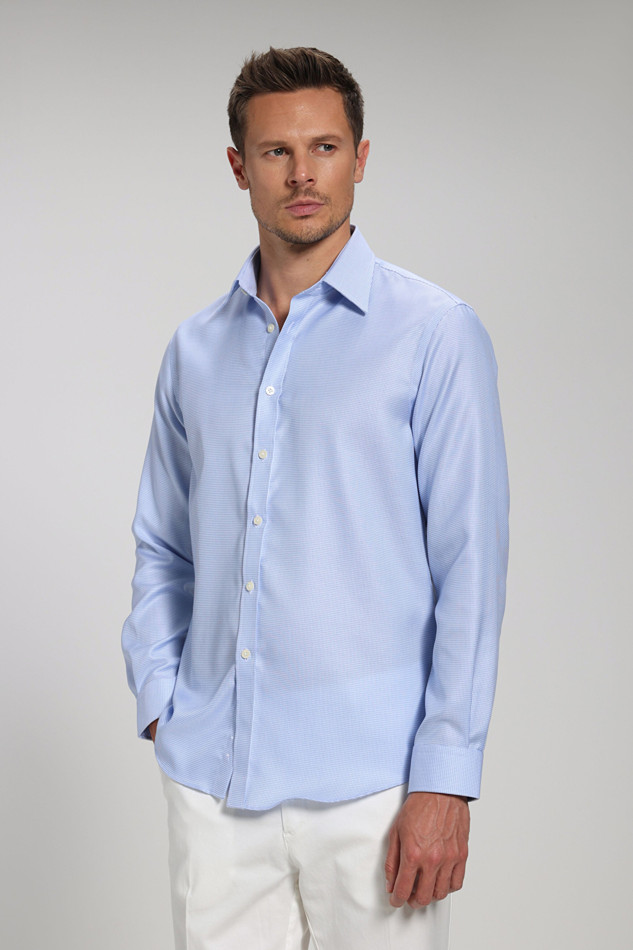 %100 Pamuk Klasik Yaka Slim Fit Gömlek - Mavi (görsel 8)