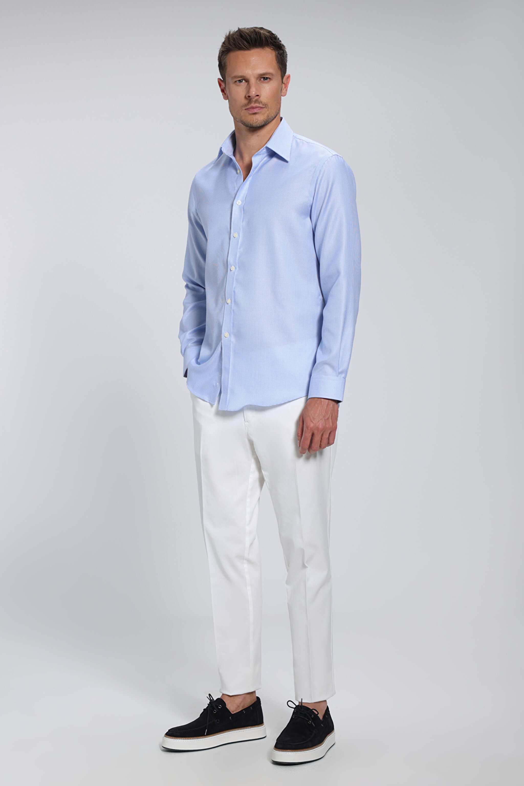 %100 Pamuk Klasik Yaka Slim Fit Gömlek - Mavi (görsel 10)