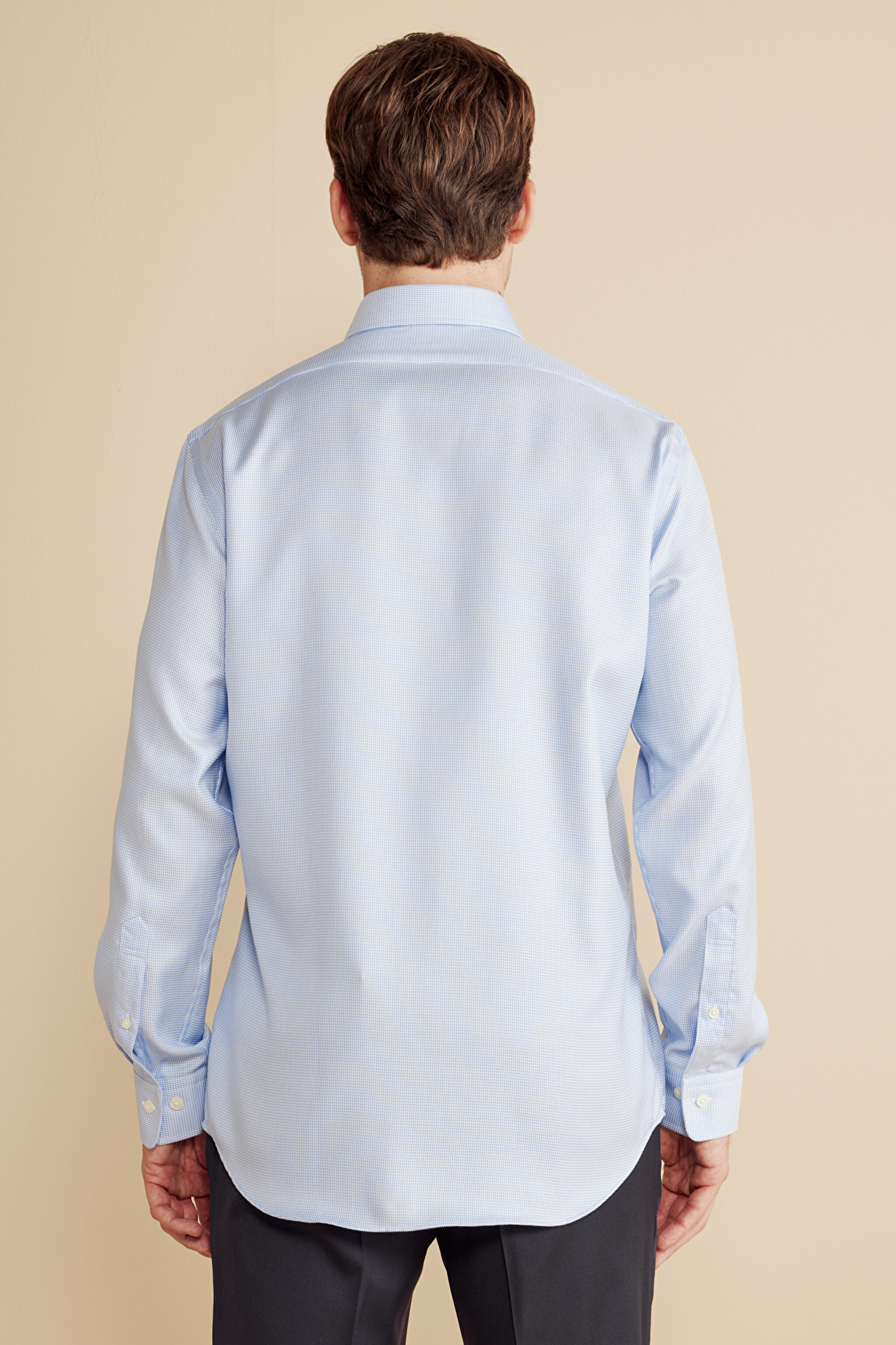 %100 Pamuk Klasik Yaka Slim Fit Gömlek - Mavi (görsel 6)