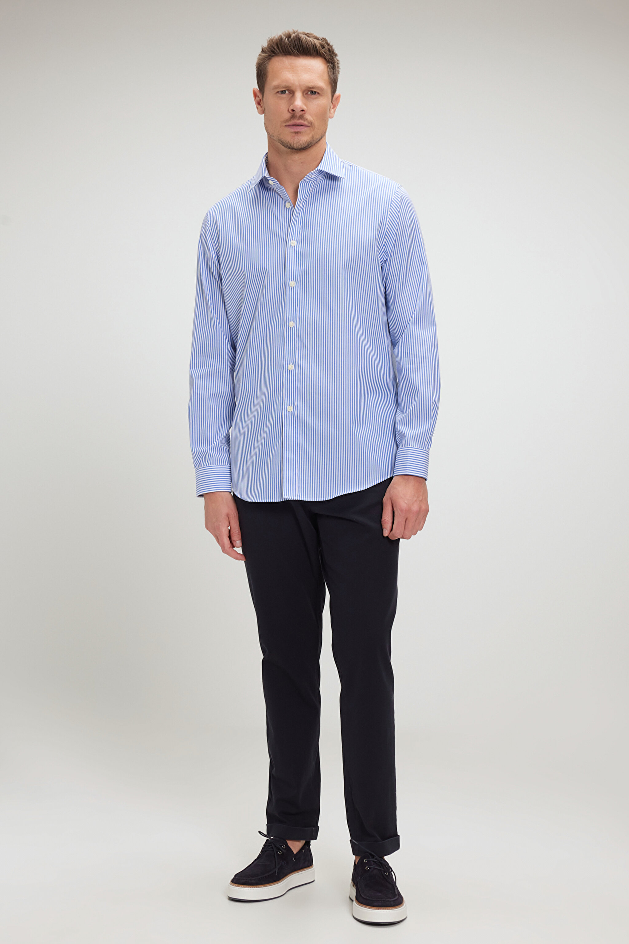%100 Pamuk İtalyan Yaka Slim Fit Gömlek - Lacivert-Beyaz Çizgili (görsel 4)