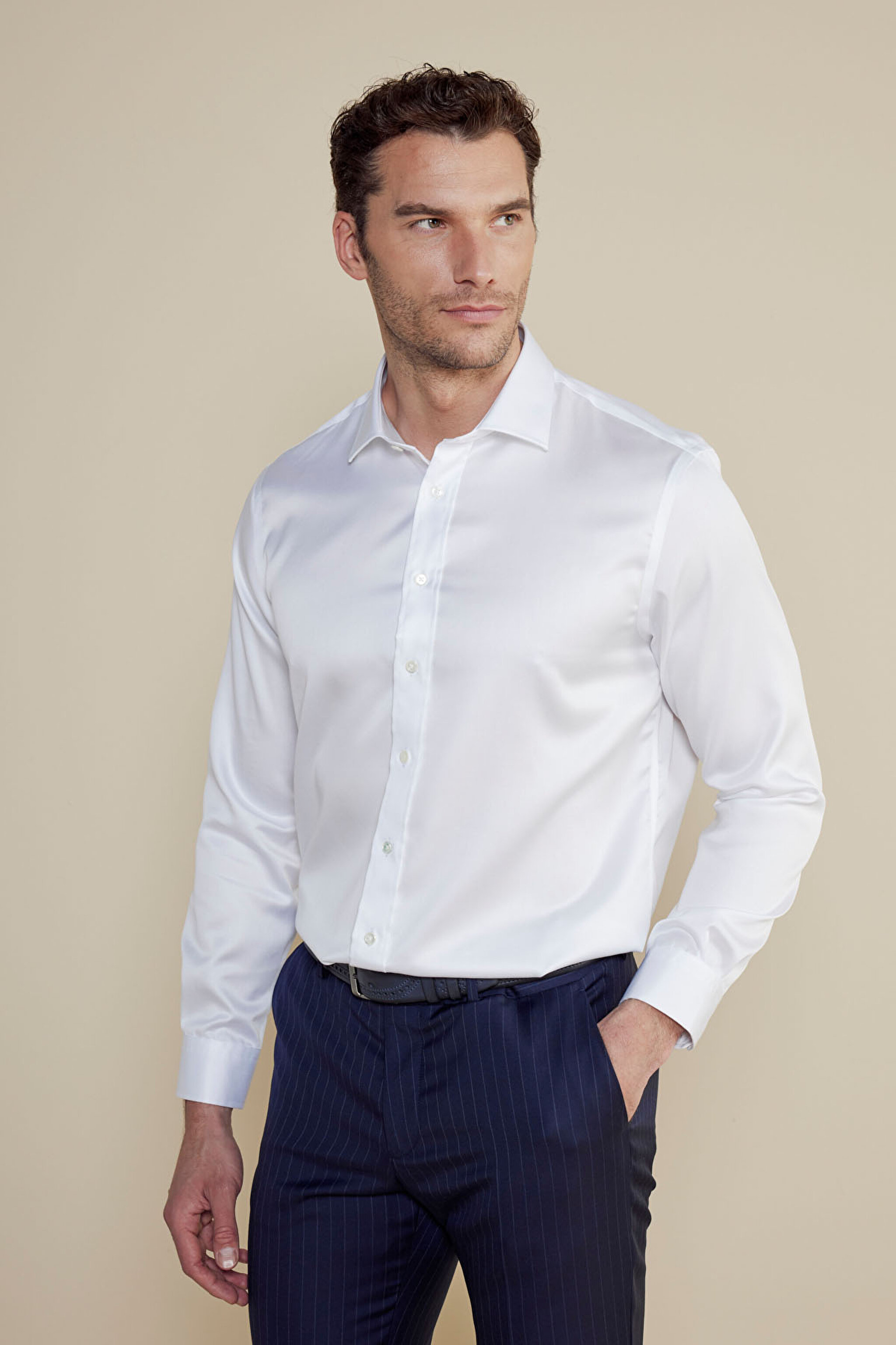 %100 Pamuk Saten İtalyan Yaka Slim Fit Gömlek - Beyaz