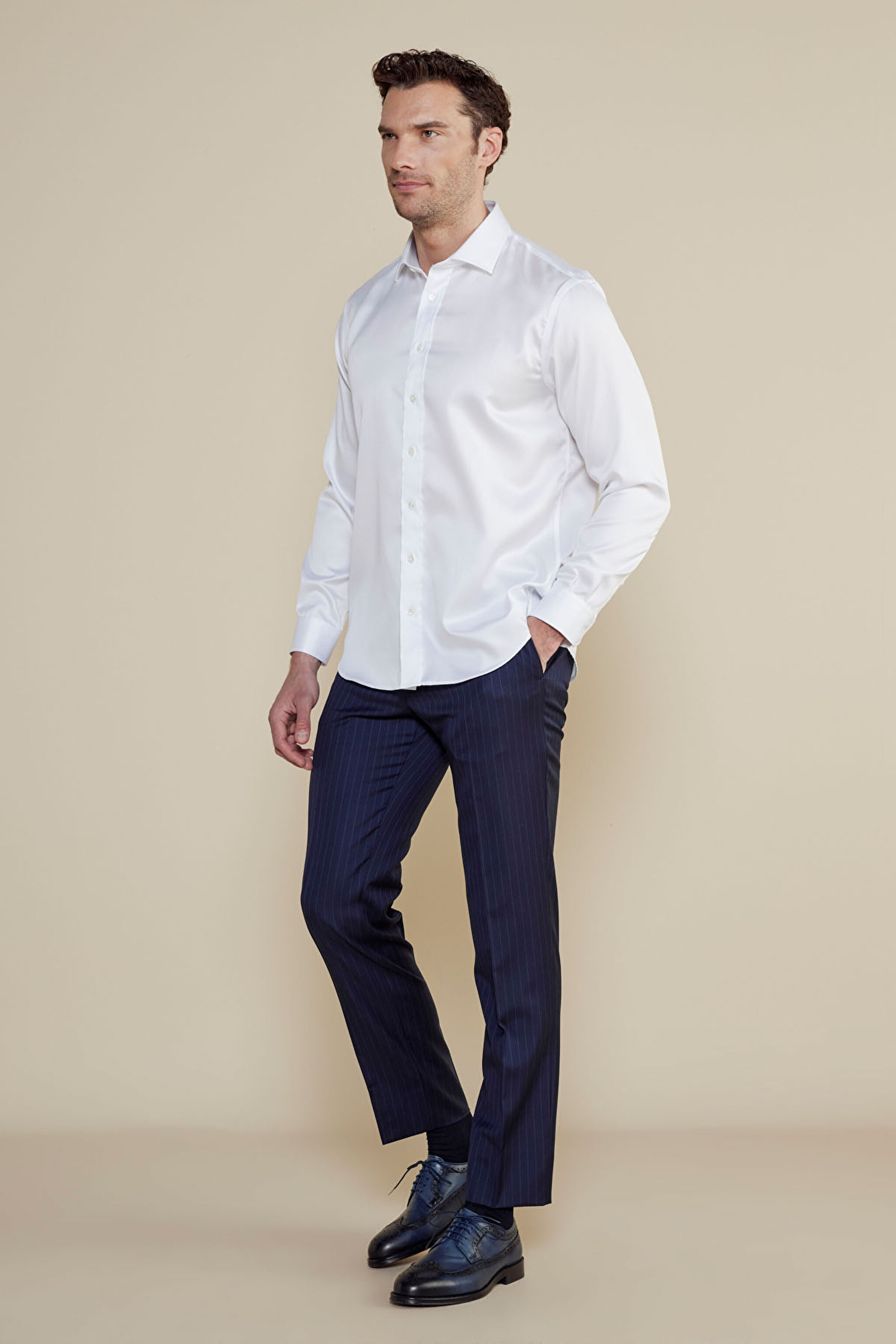 %100 Pamuk Saten İtalyan Yaka Slim Fit Gömlek - Beyaz (görsel 3)