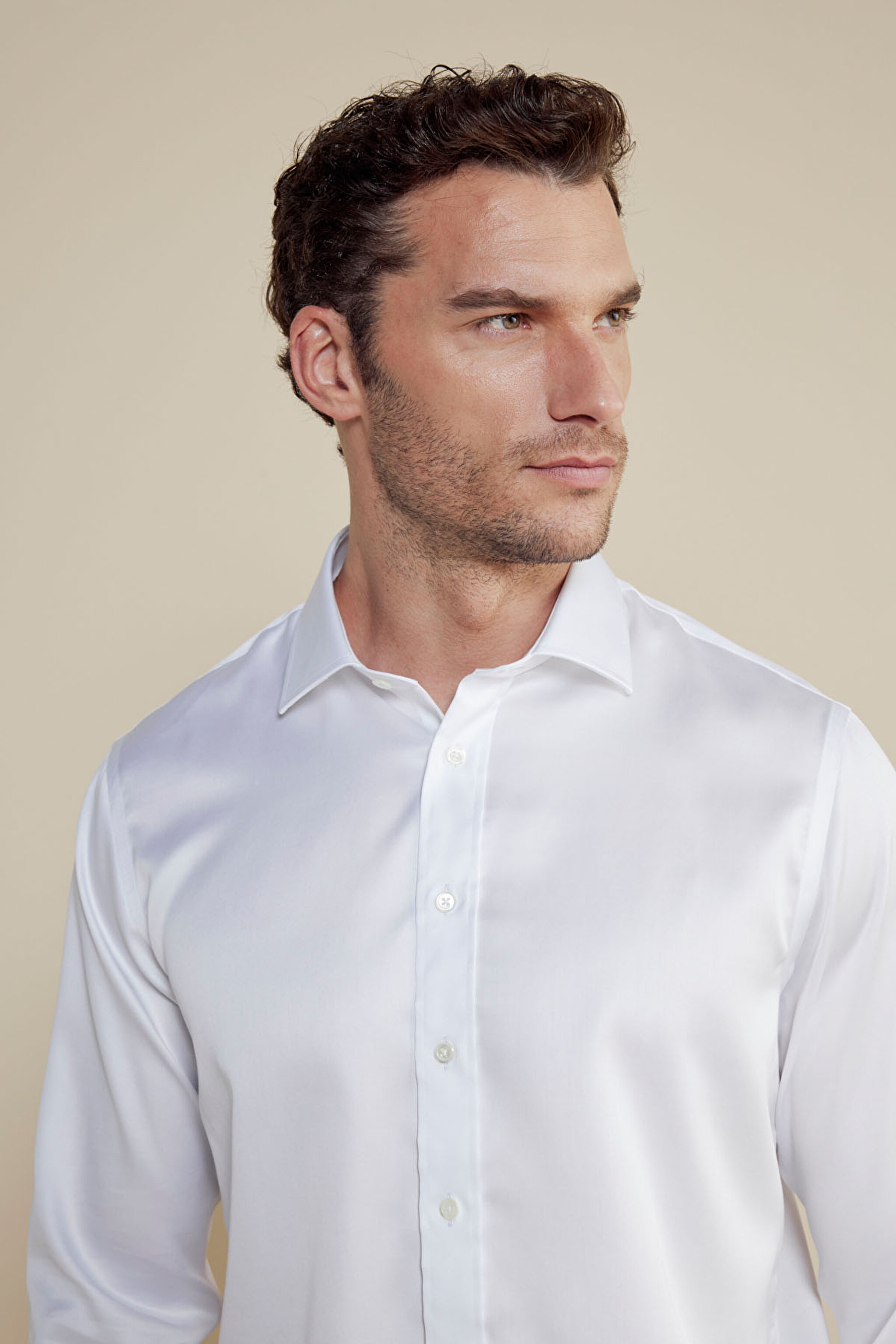 %100 Pamuk Saten İtalyan Yaka Slim Fit Gömlek - Beyaz (görsel 4)