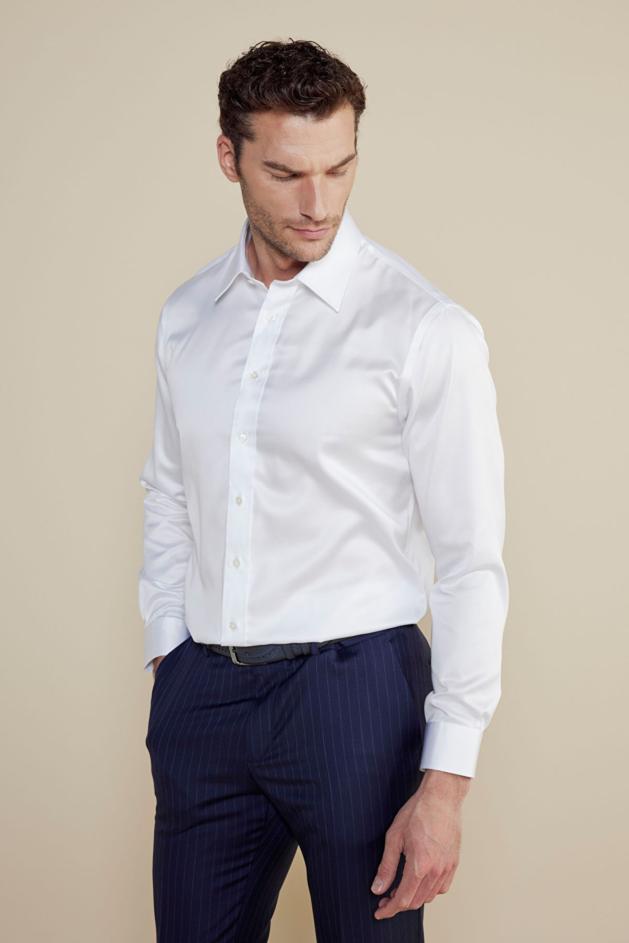 %100 Pamuk Saten İtalyan Yaka Slim Fit Gömlek - Beyaz