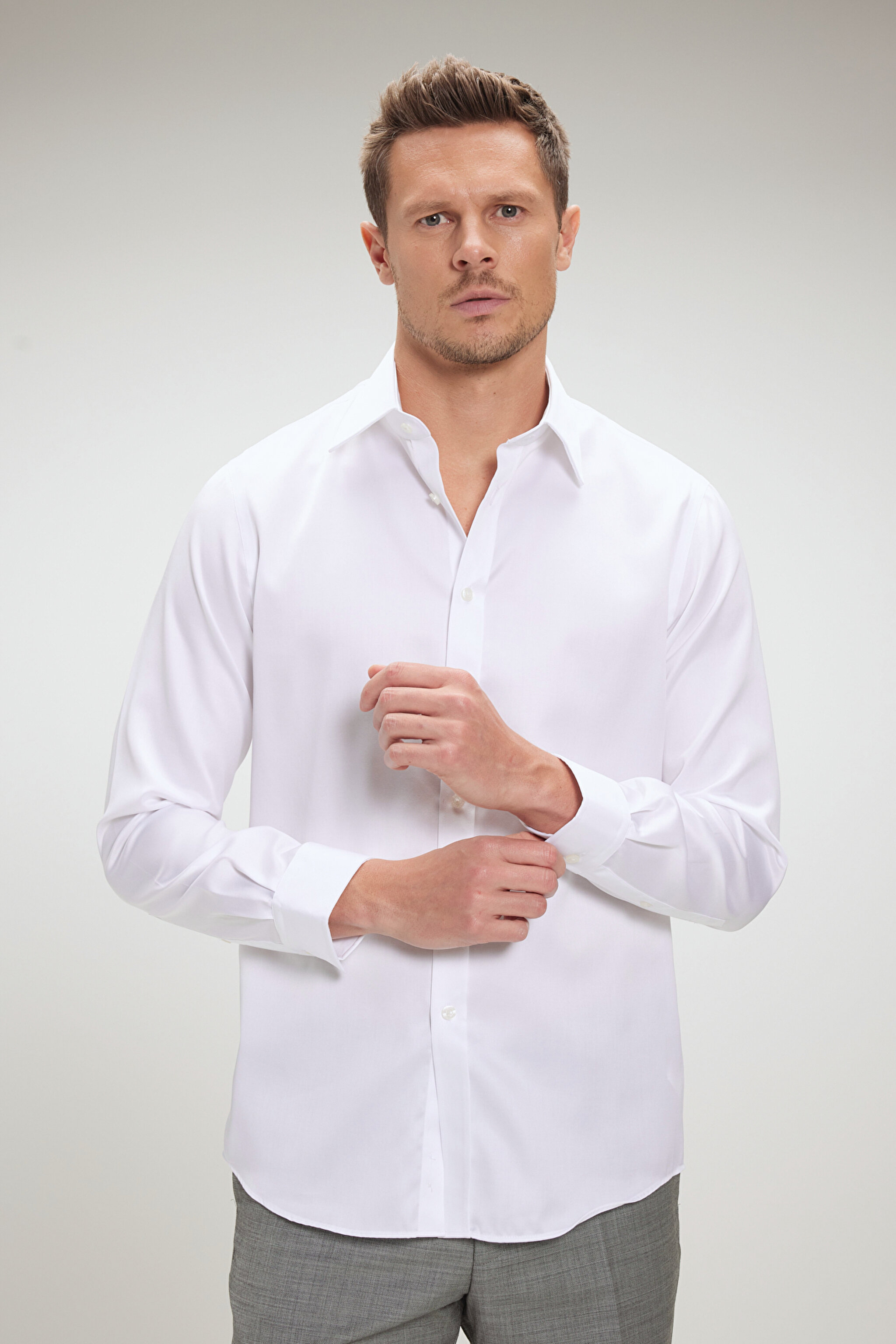 %100 Pamuk Saten İtalyan Yaka Slim Fit Gömlek - Beyaz (görsel 6)