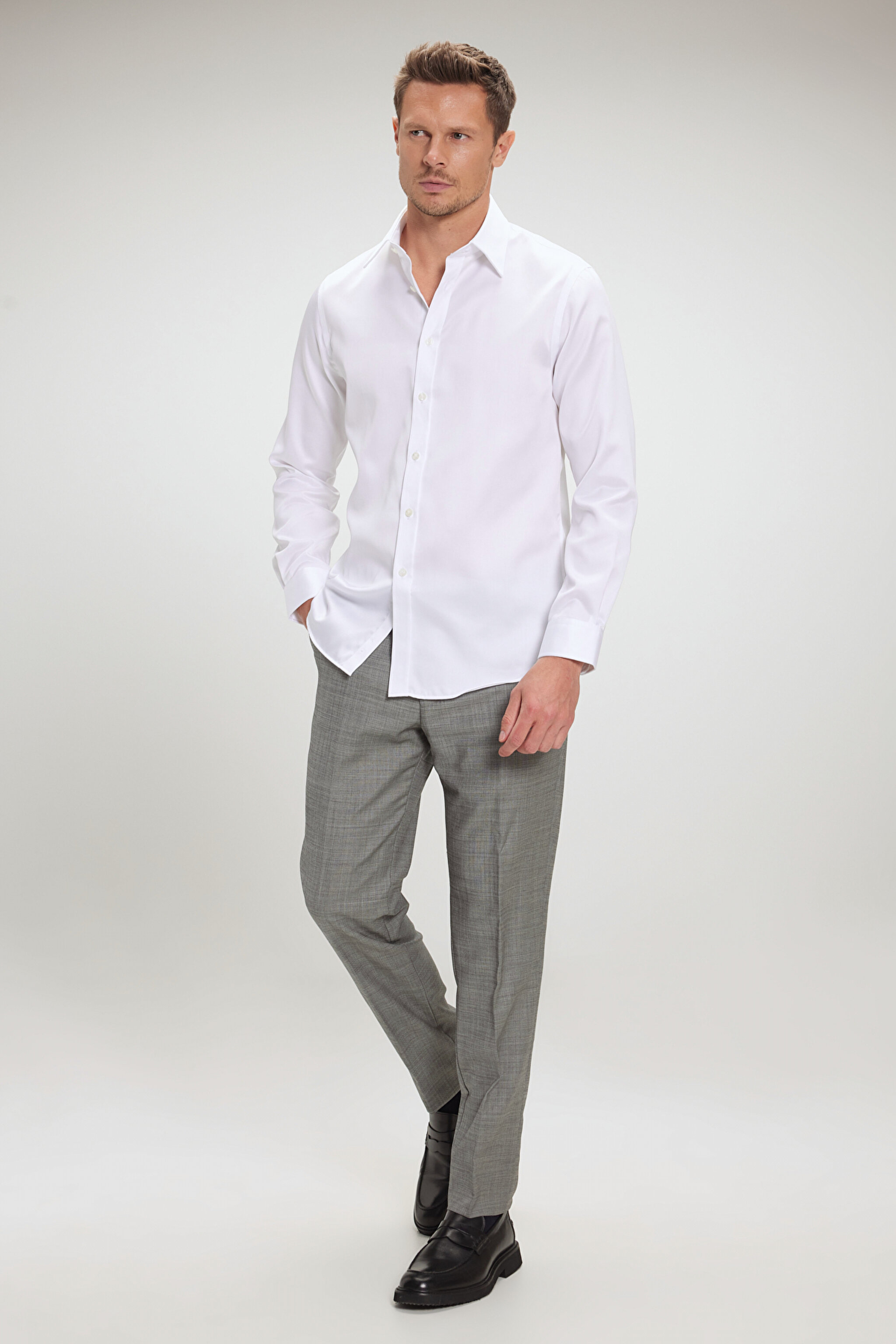 %100 Pamuk Saten İtalyan Yaka Slim Fit Gömlek - Beyaz (görsel 10)