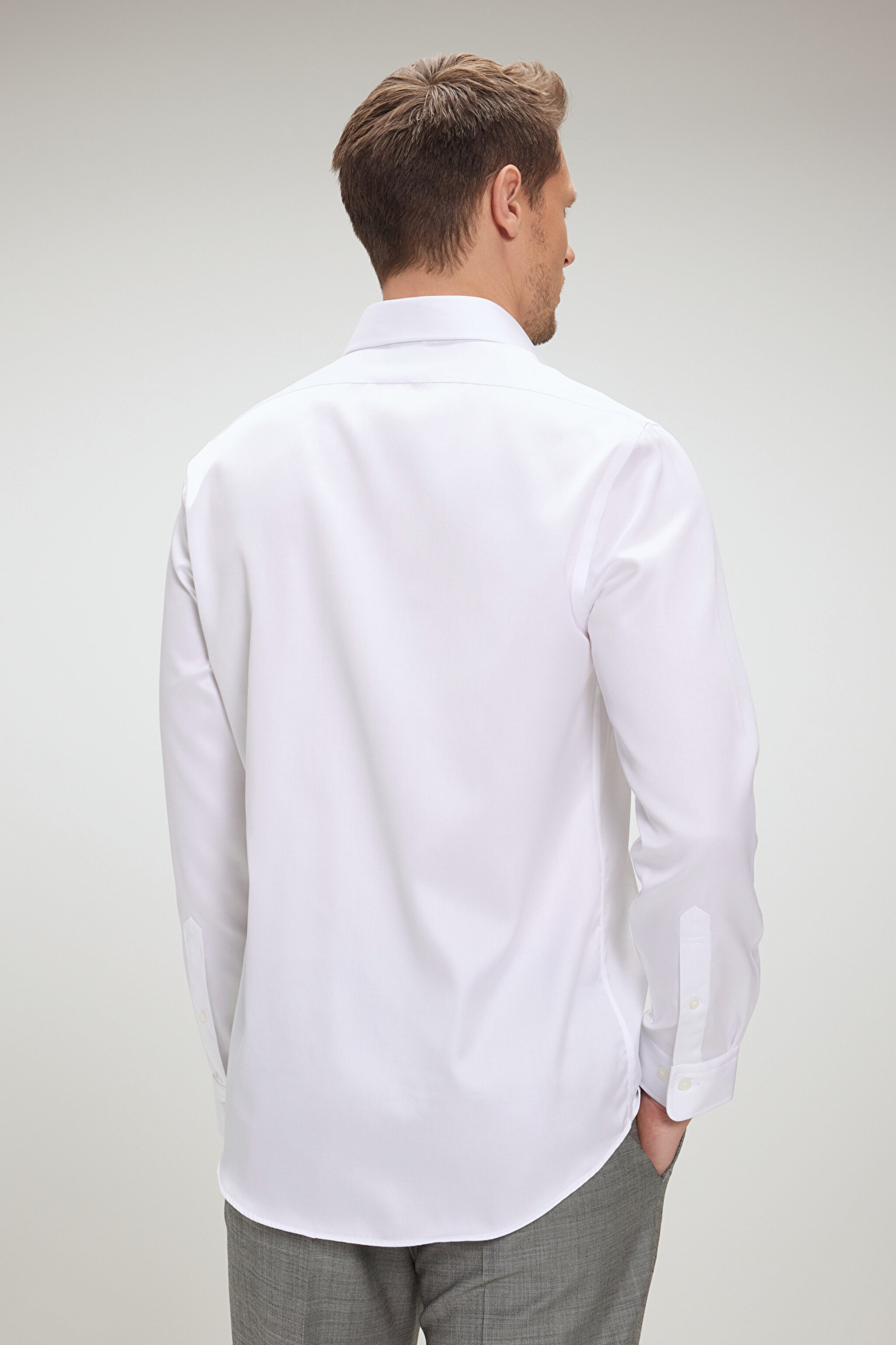 %100 Pamuk Saten İtalyan Yaka Slim Fit Gömlek - Beyaz (görsel 12)