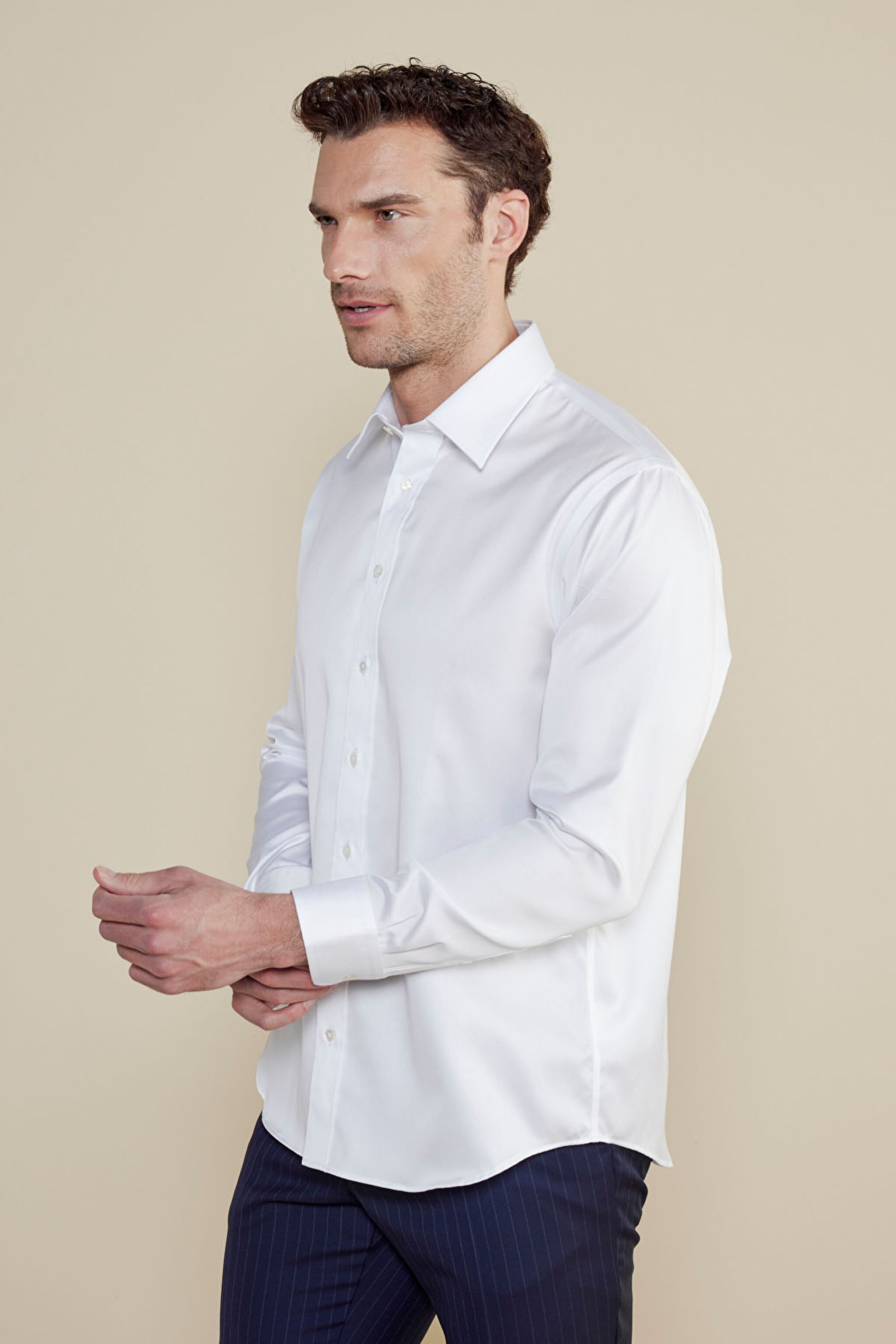 %100 Pamuk Saten İtalyan Yaka Slim Fit Gömlek - Beyaz (görsel 2)