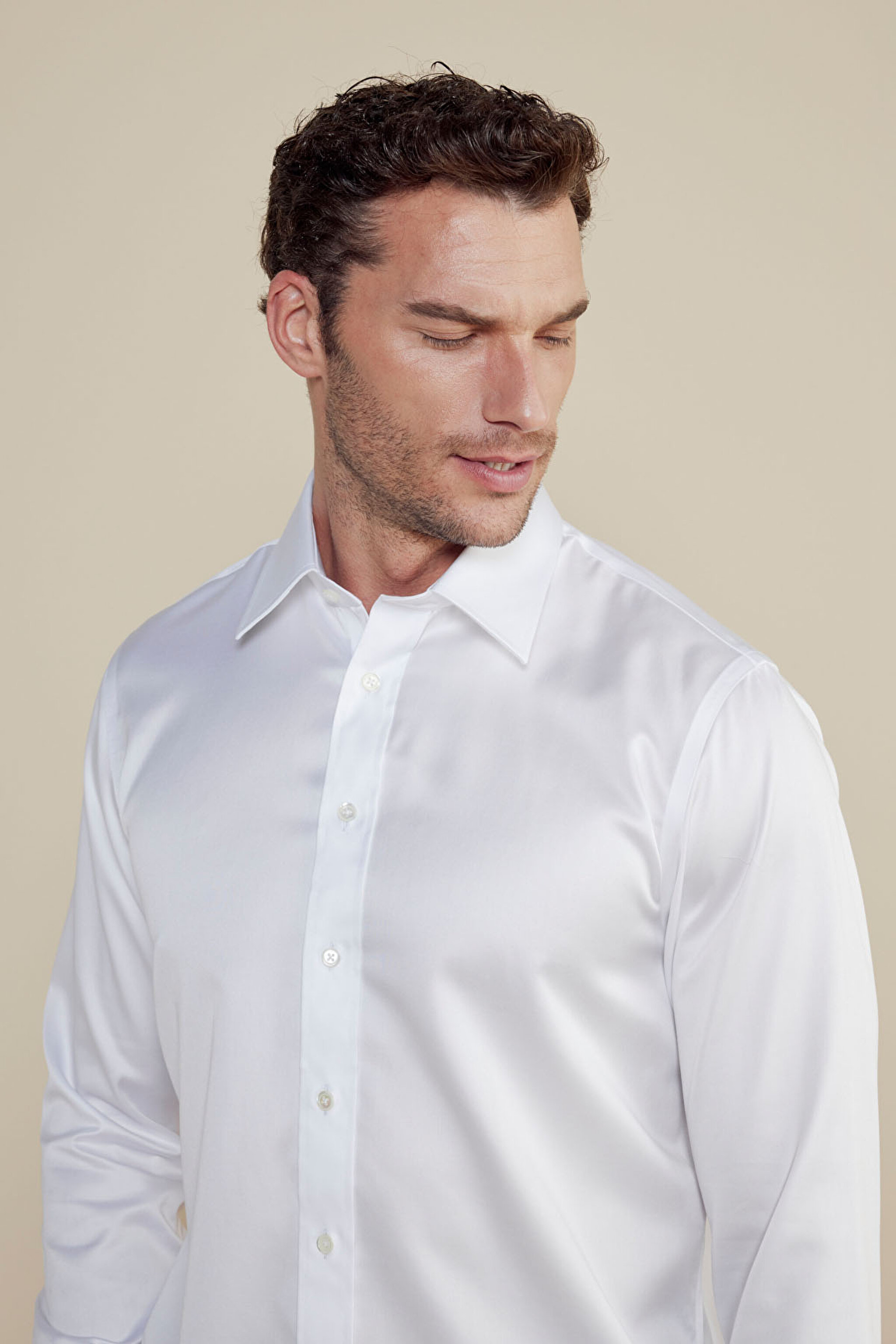 %100 Pamuk Saten İtalyan Yaka Slim Fit Gömlek - Beyaz (görsel 4)