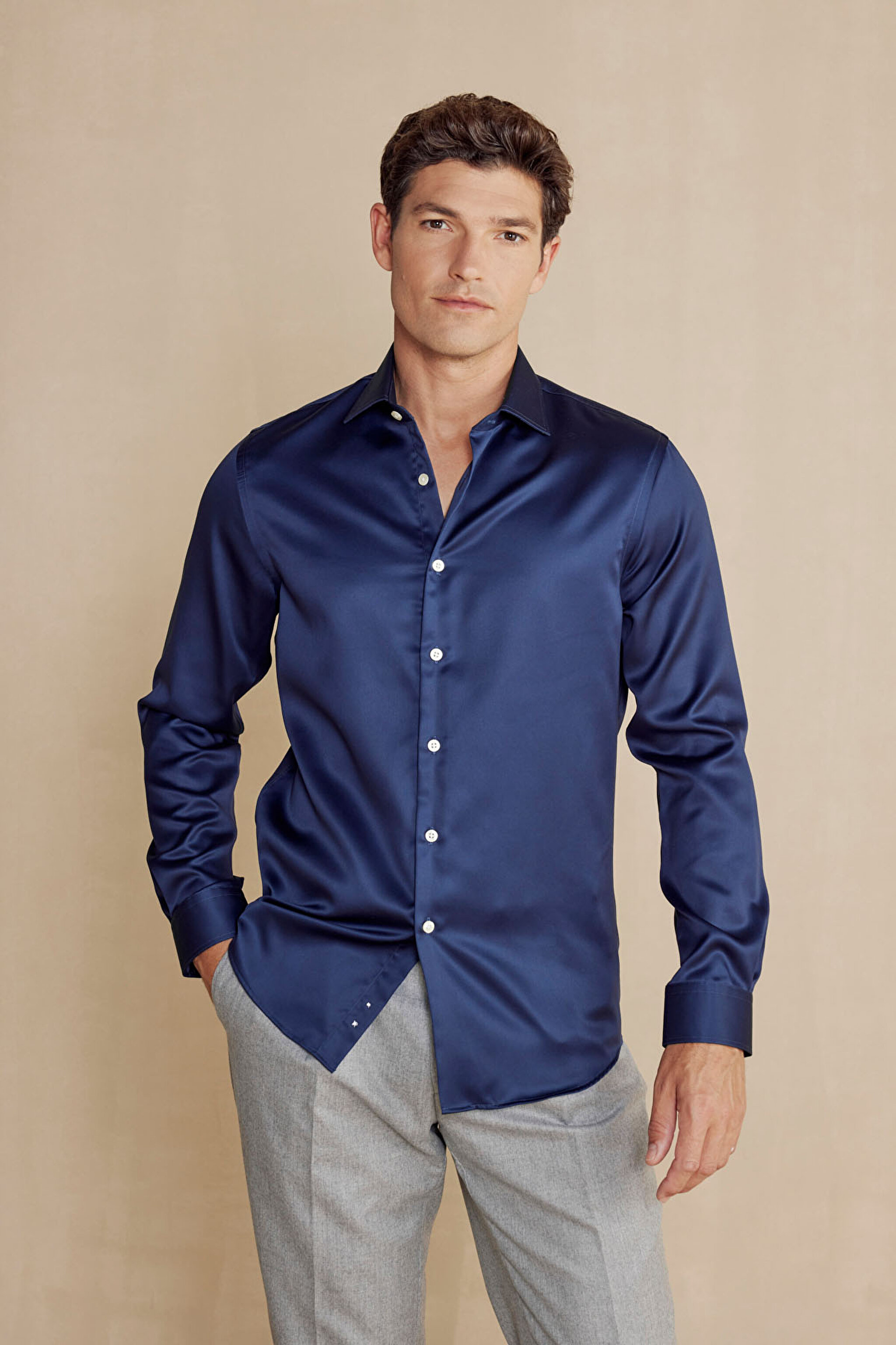 %100 Pamuk Saten İtalyan Yaka Slim Fit Gömlek - Lacivert