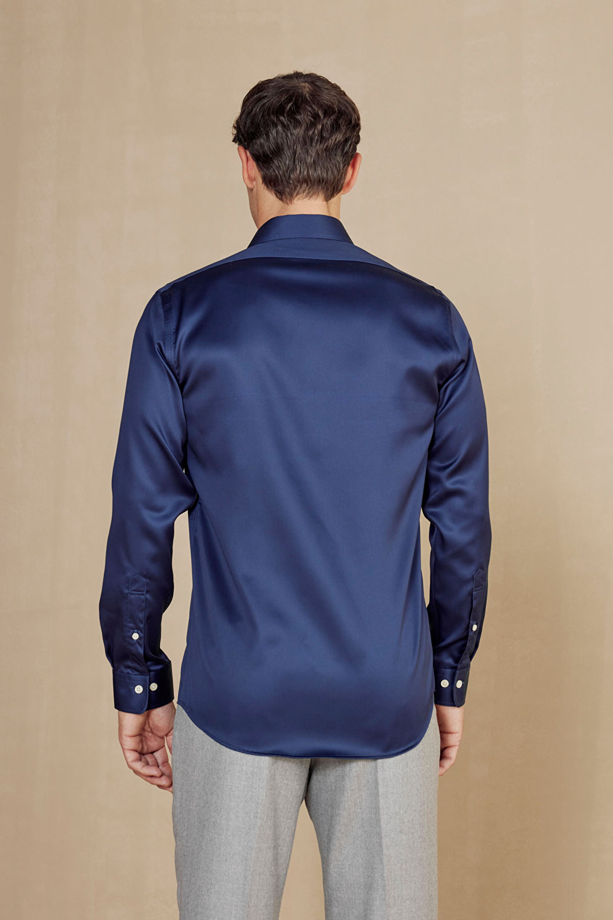 %100 Pamuk Saten İtalyan Yaka Slim Fit Gömlek - Lacivert (görsel 5)