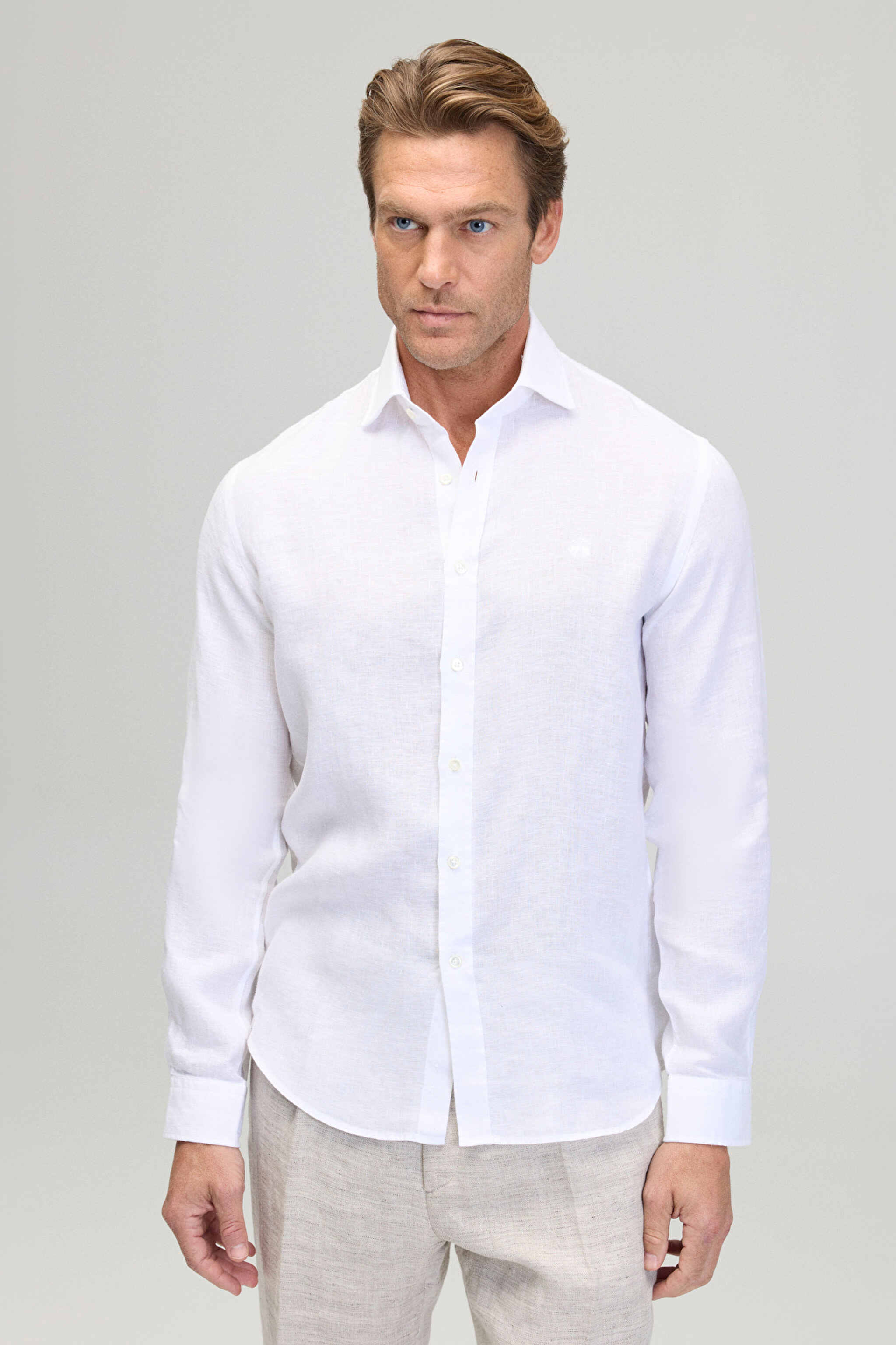 %100 Pamuk İtalyan Yaka Slim Fit Klasik Gömlek - Beyaz (görsel 2)