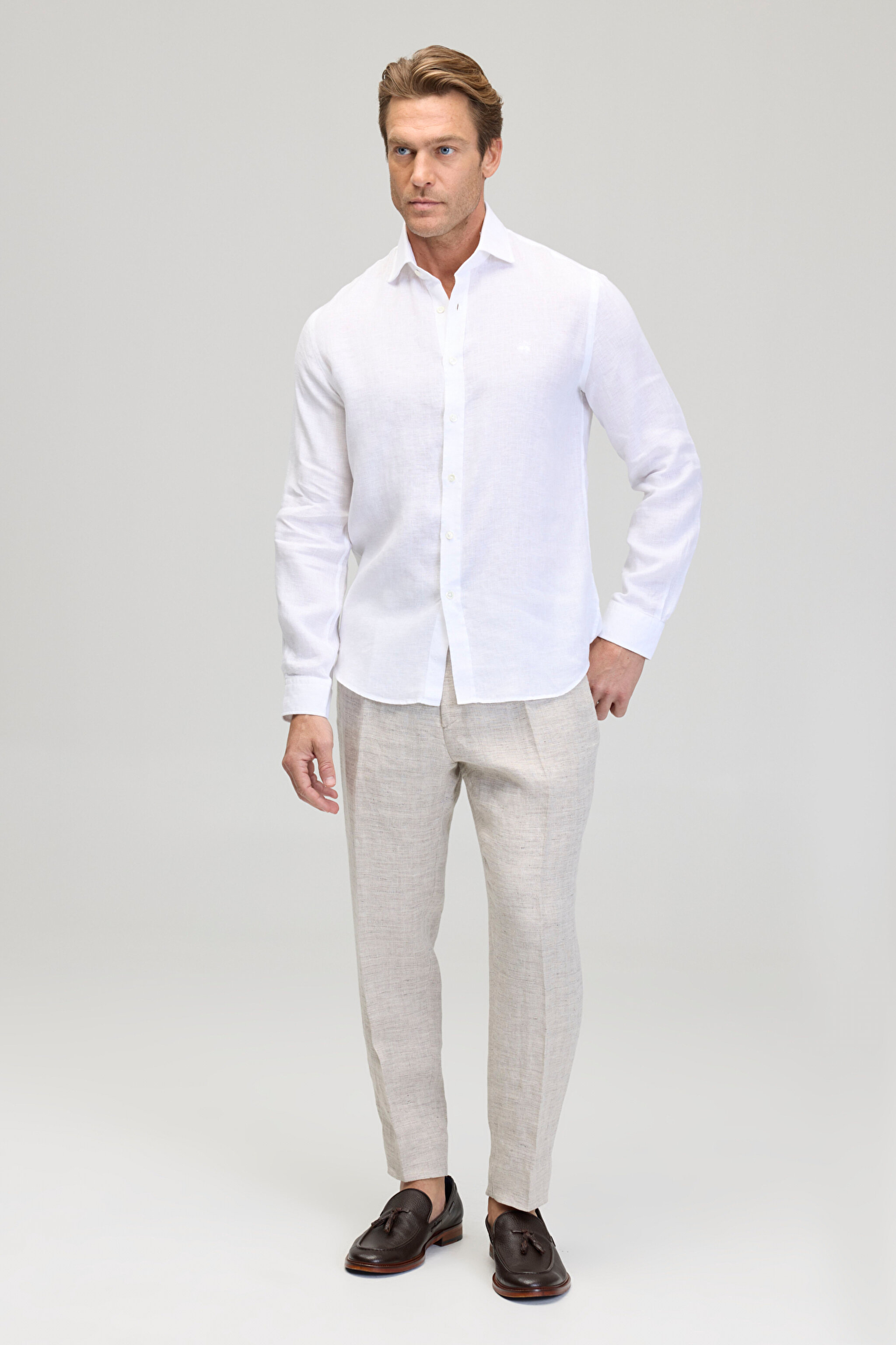 %100 Pamuk İtalyan Yaka Slim Fit Klasik Gömlek - Beyaz (görsel 3)