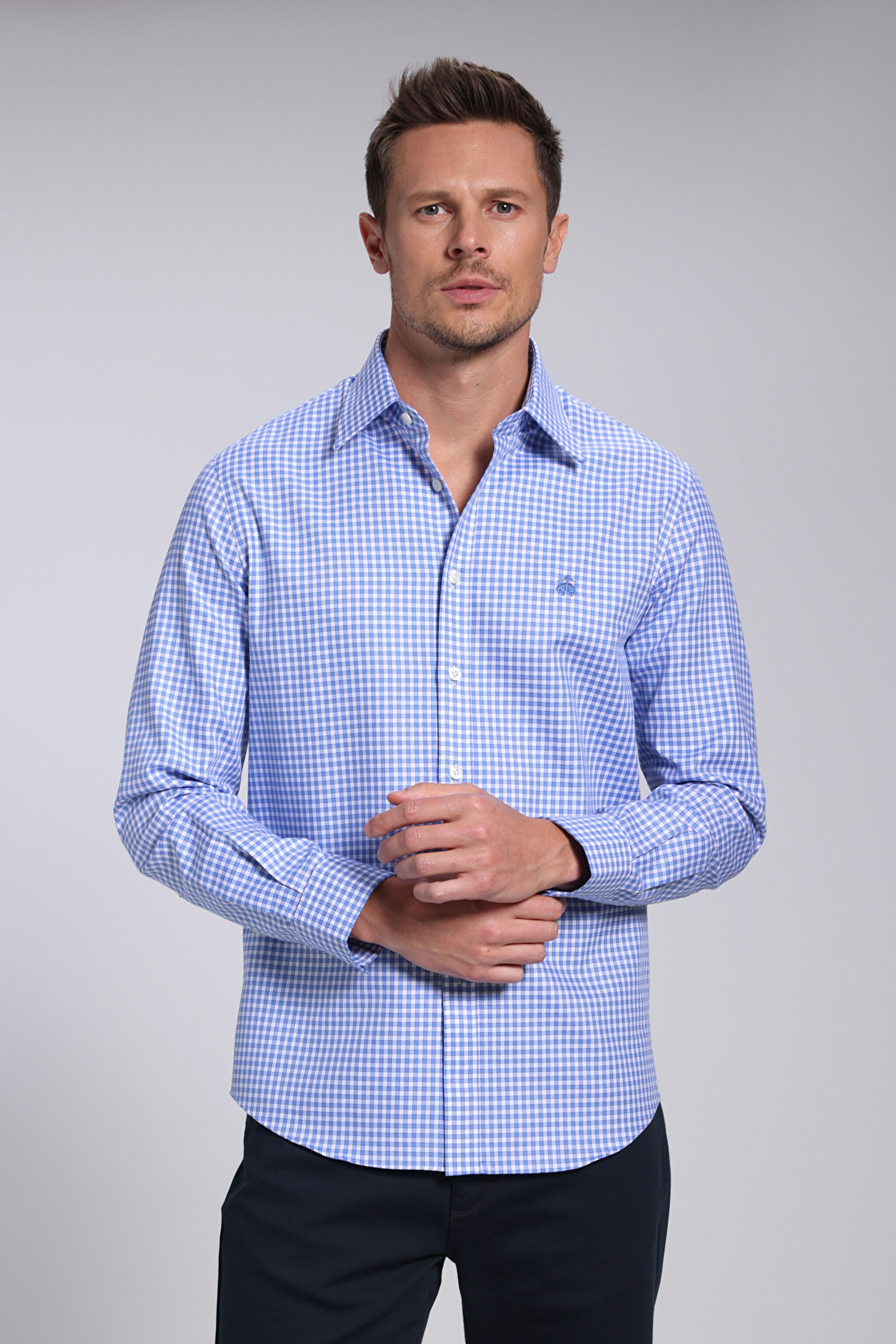 %100 Pamuk Klasik Yaka Slim Fit Gömlek - Mavi-Beyaz Ekoseli