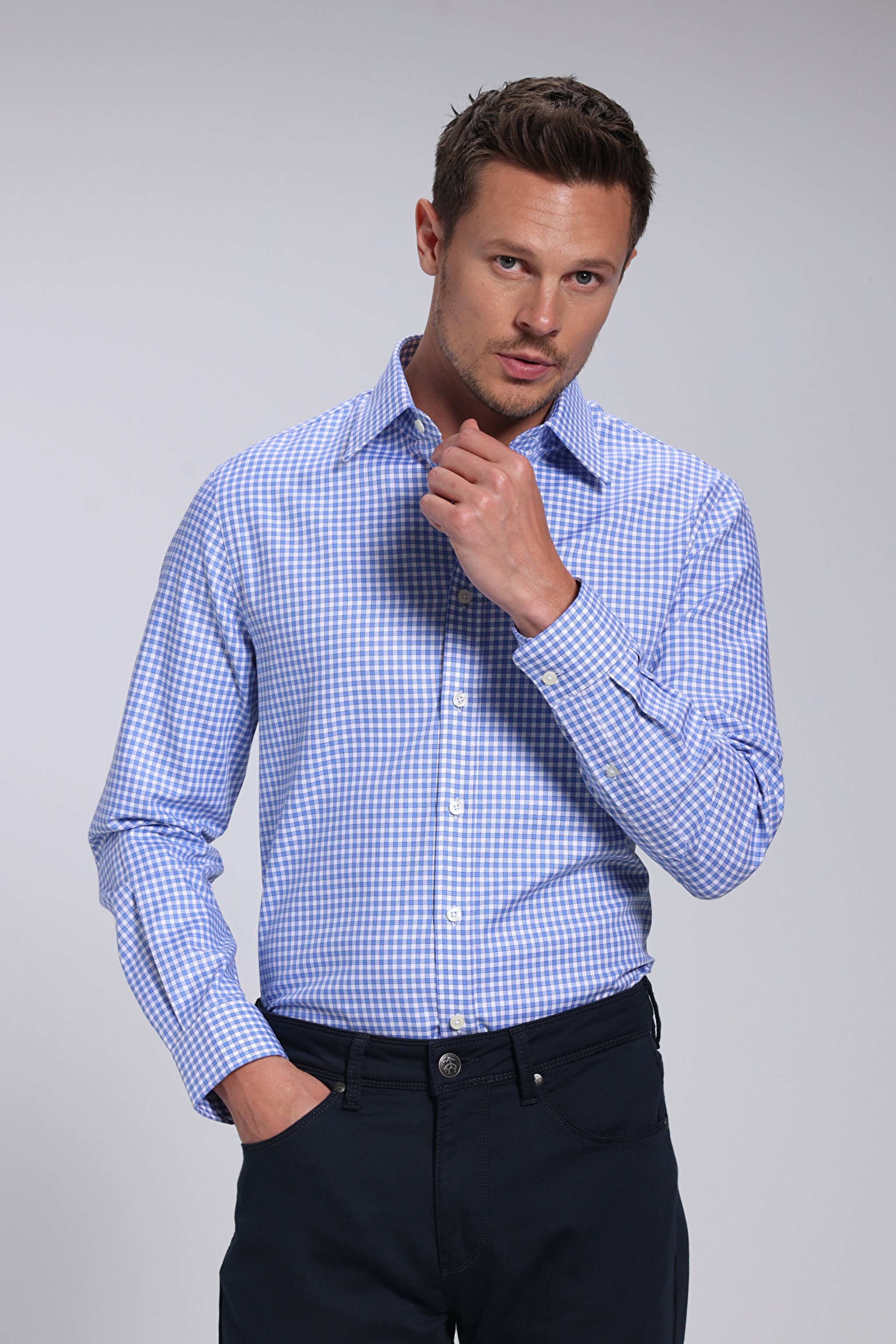 %100 Pamuk Klasik Yaka Slim Fit Gömlek - Mavi-Beyaz Ekoseli (görsel 2)